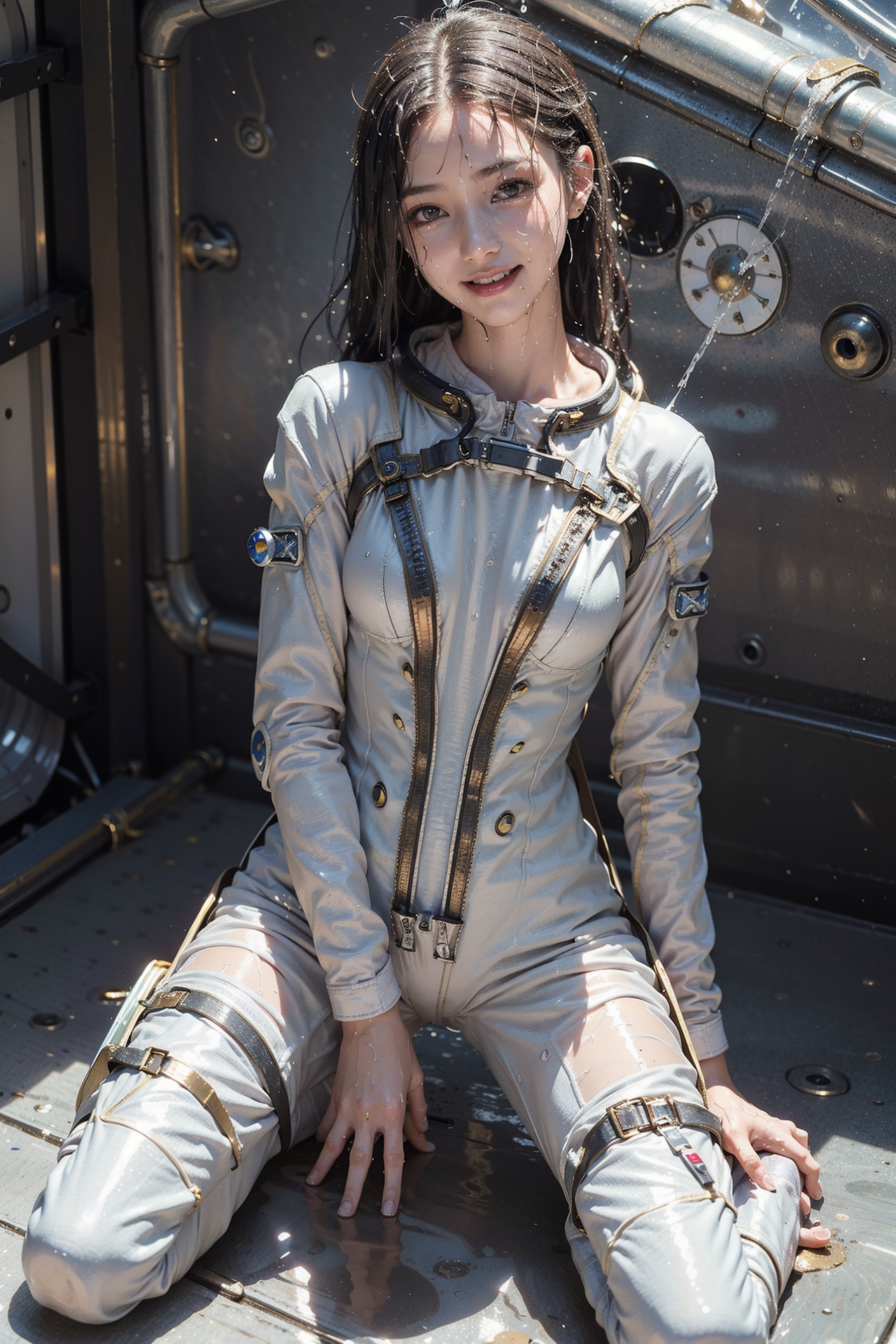 白いスーツの少女、機械仕掛けの背景で微笑む #美少女 #笑顔 #ジャケット