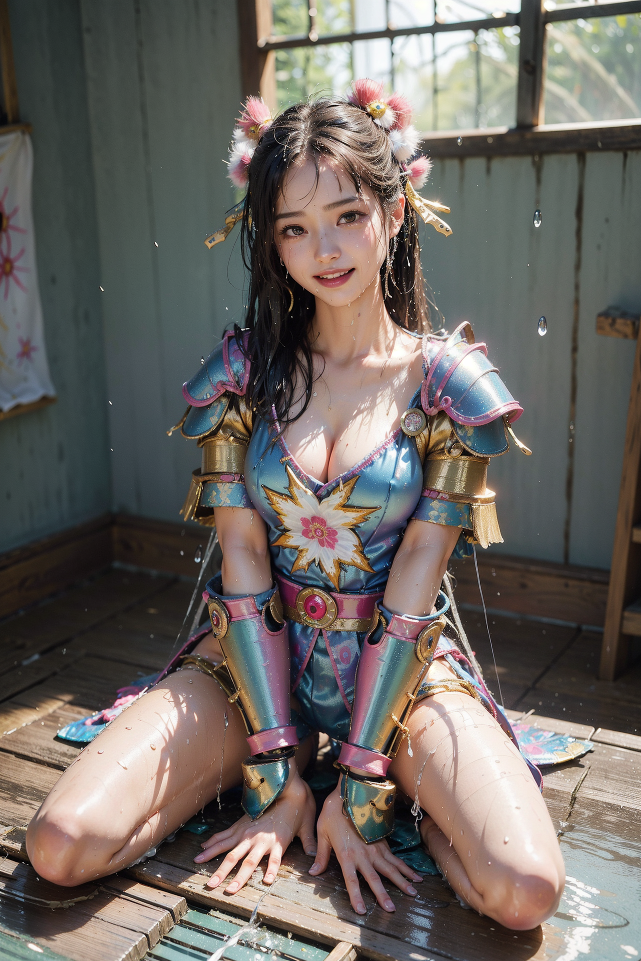 花飾りと古風衣装のアニメ調ポートレート #美少女 #笑顔 #アニメ調