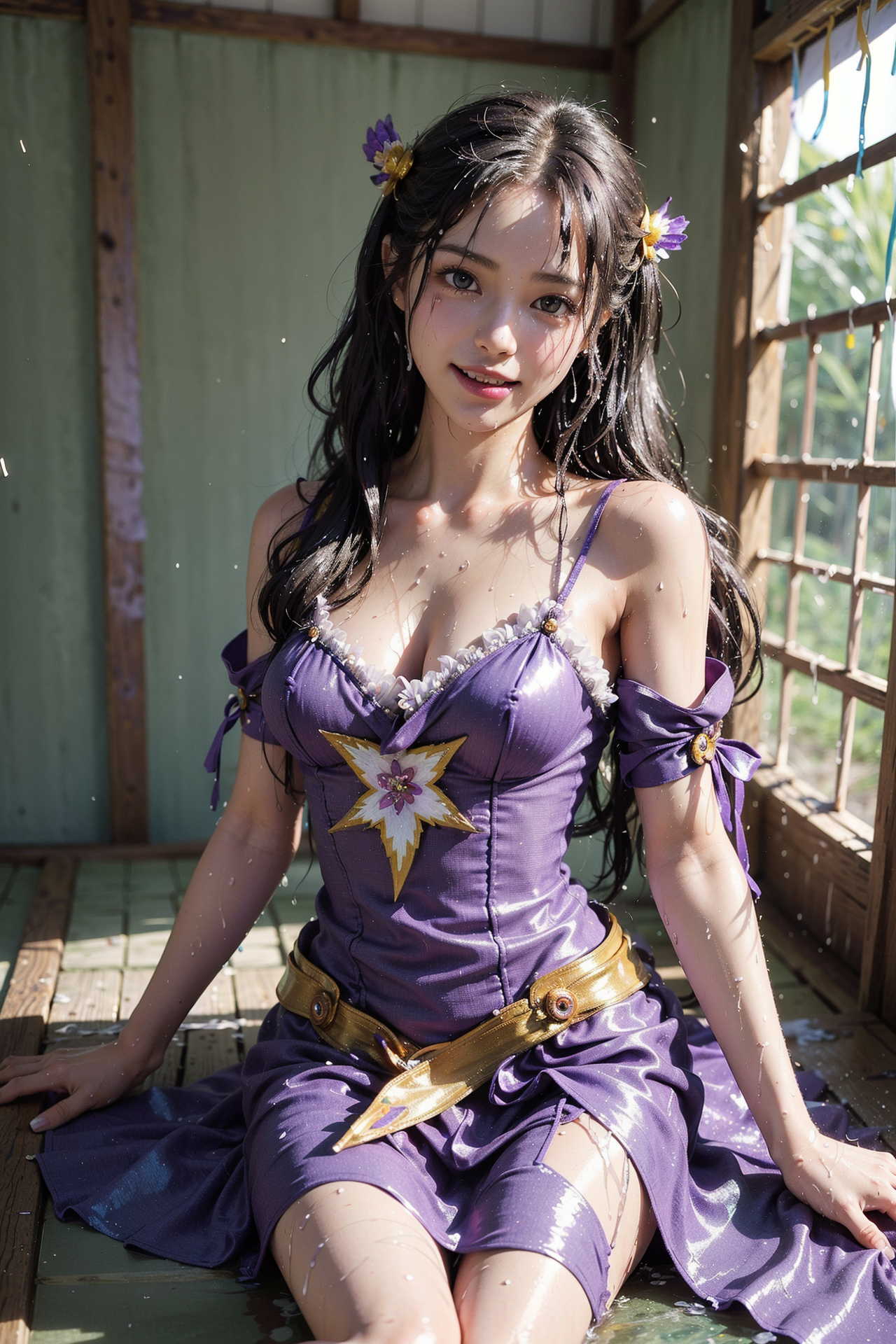 紫のドレスと花飾り、古い洋館で微笑む少女 #美少女 #かわいい #女の子