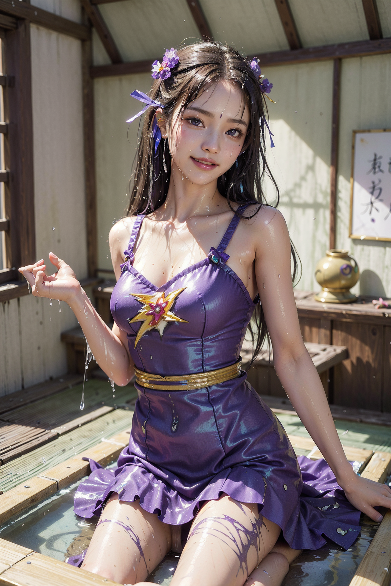 紫色の和装ドレスと花飾りの美少女 #美少女 #笑顔 #ファッション