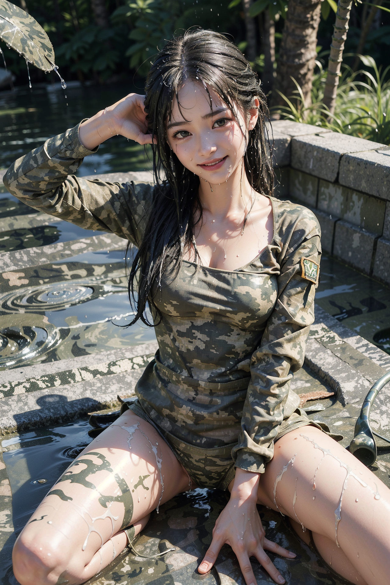 水辺で微笑む迷彩柄ポートレート #美少女 #屋外 #笑顔