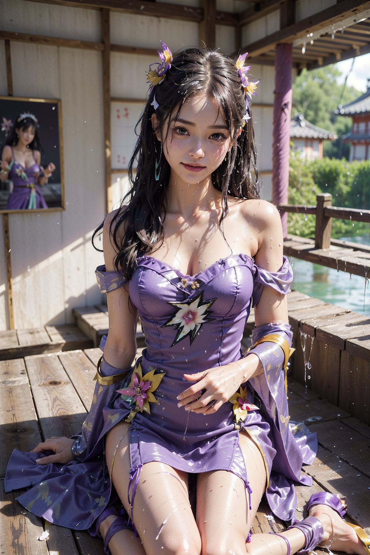 紫の花飾り衣装、古風な建築で微笑む #美少女 #アニメ調 #笑顔