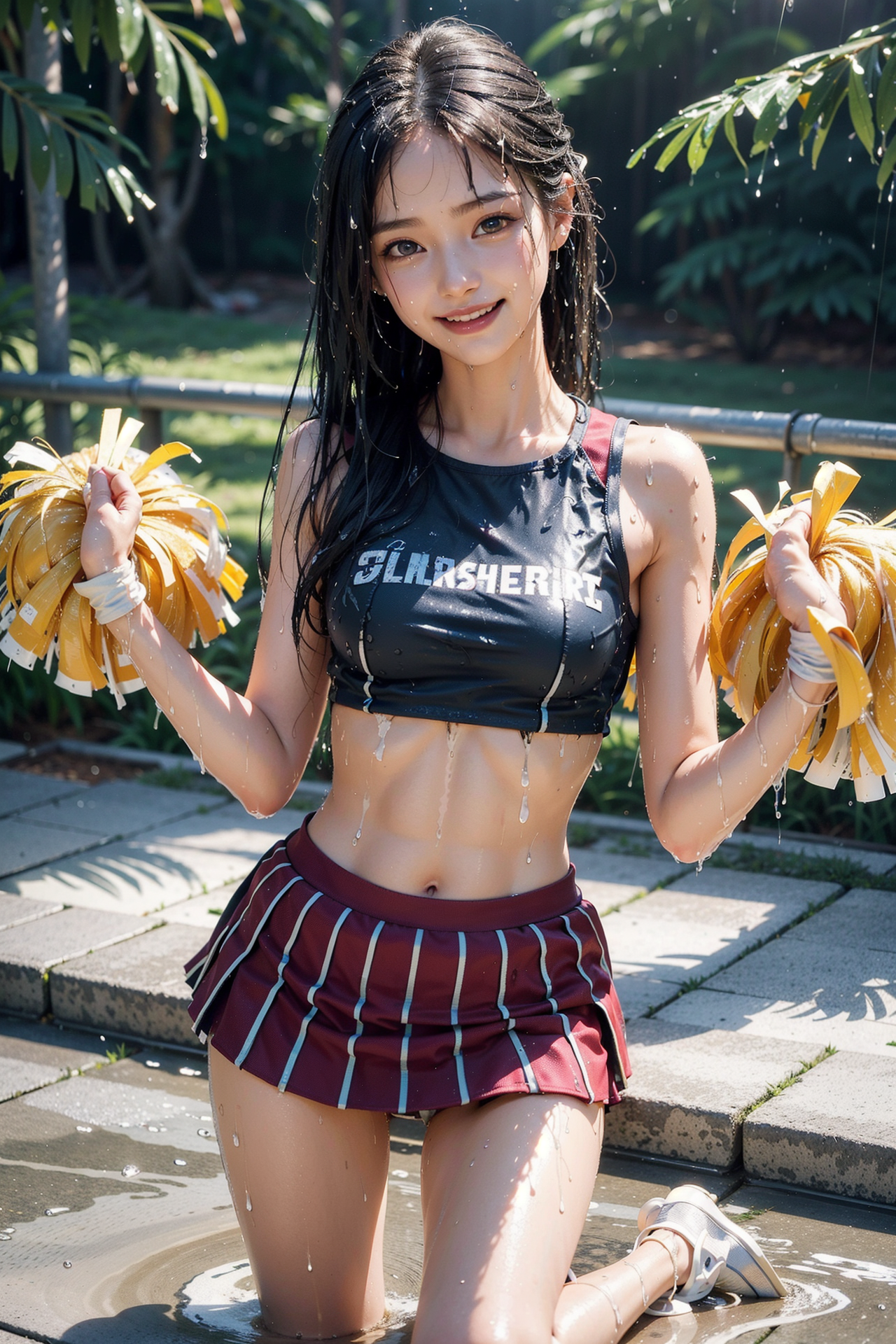 緑に包まれた屋外ポートレート、黒トップと紅色スカート #美少女 #屋外 #スカート