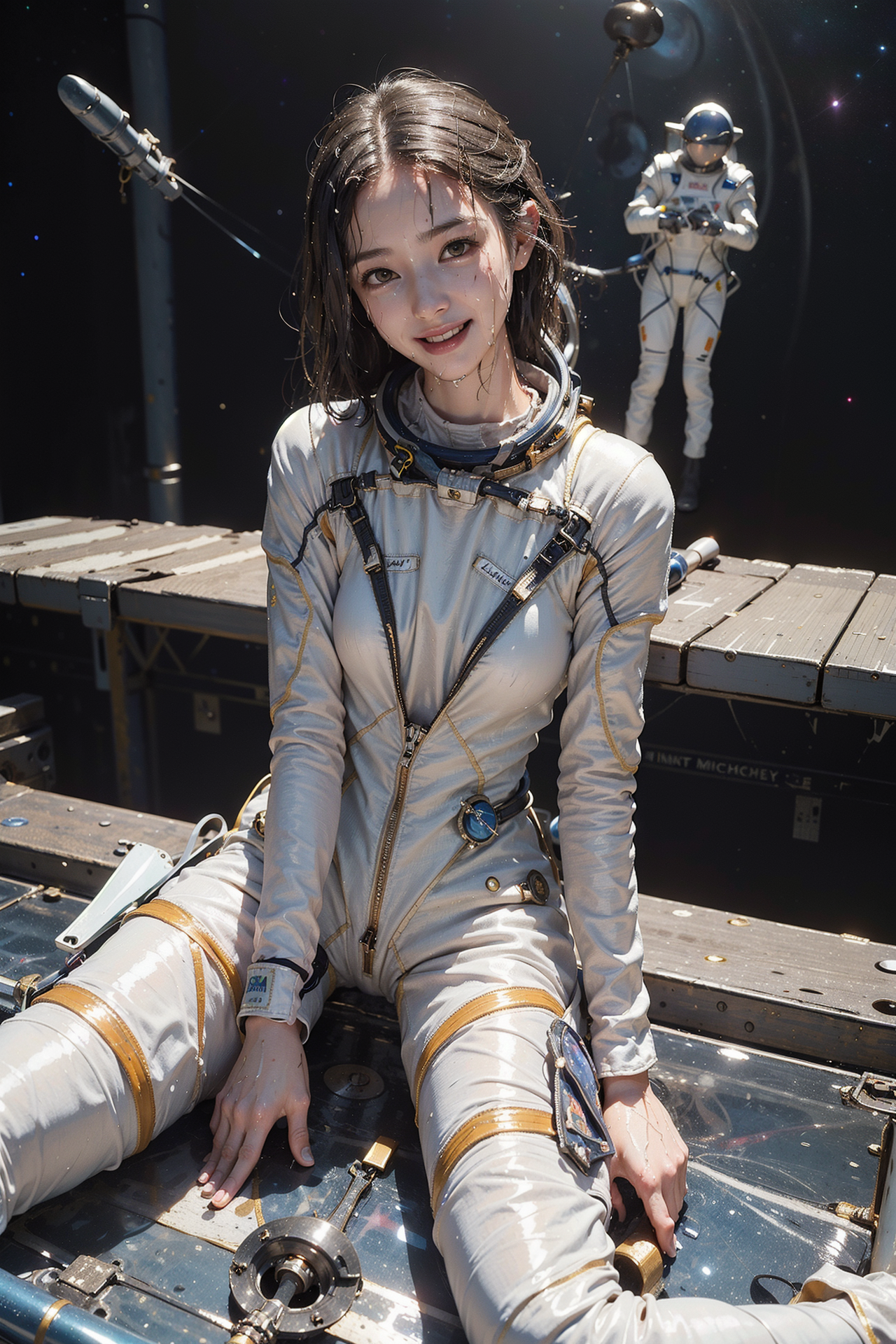 宇宙ステーションでの笑顔、白い宇宙服姿 #美少女 #宇宙服 #アニメ調