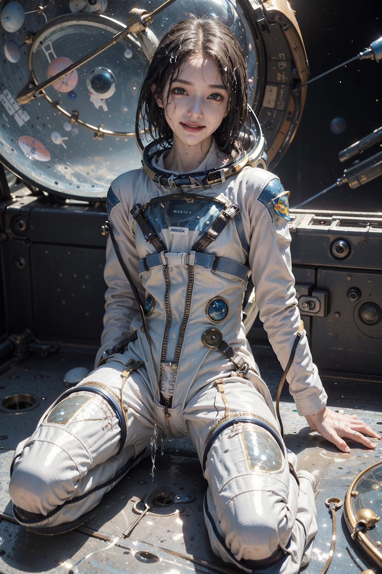 宇宙船内の宇宙服姿、黒髪の美少女ポートレート #美少女 #アニメ調 #笑顔