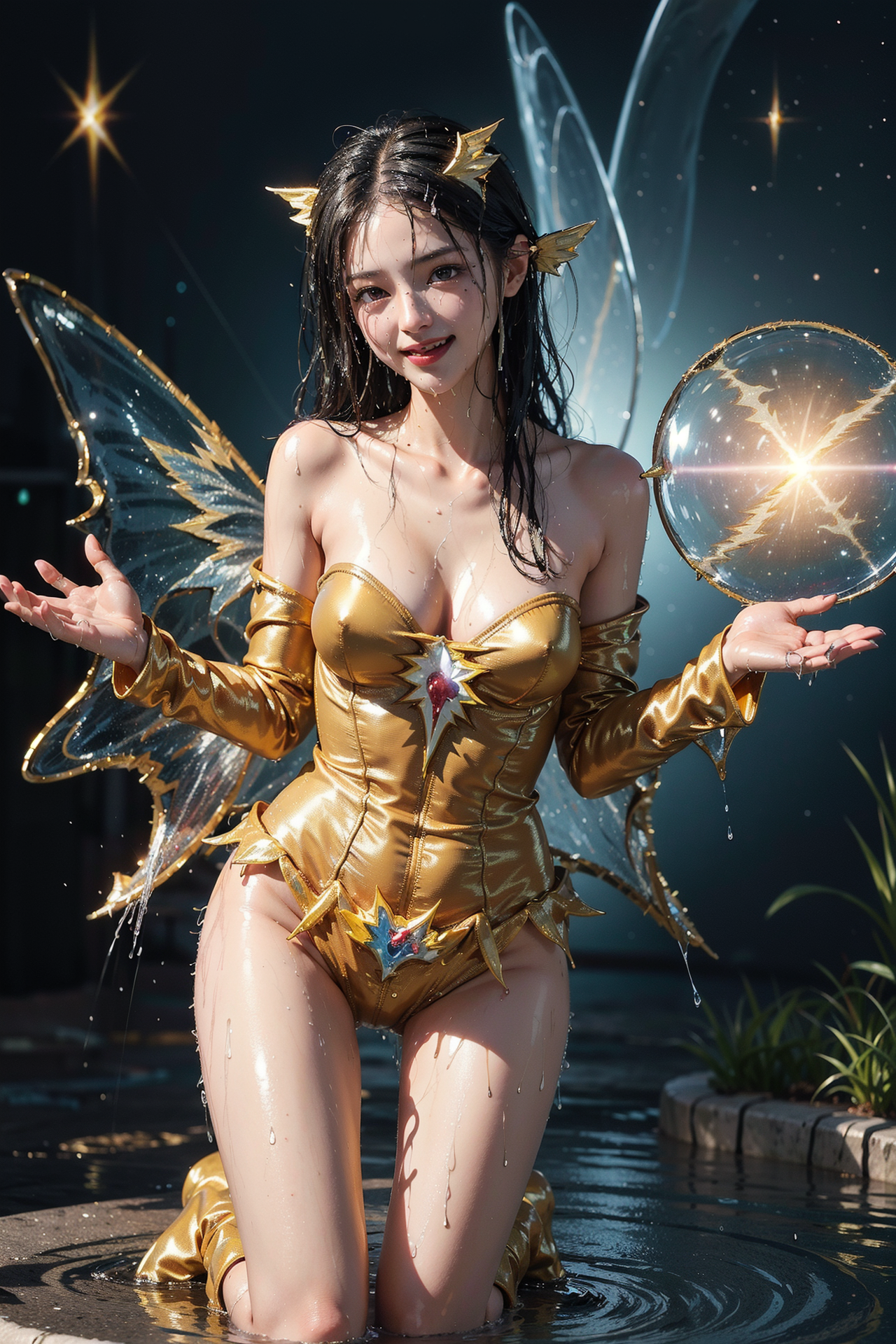 金色の衣装と魔法の光に包まれた笑顔のポートレート #美少女 #笑顔 #清楚