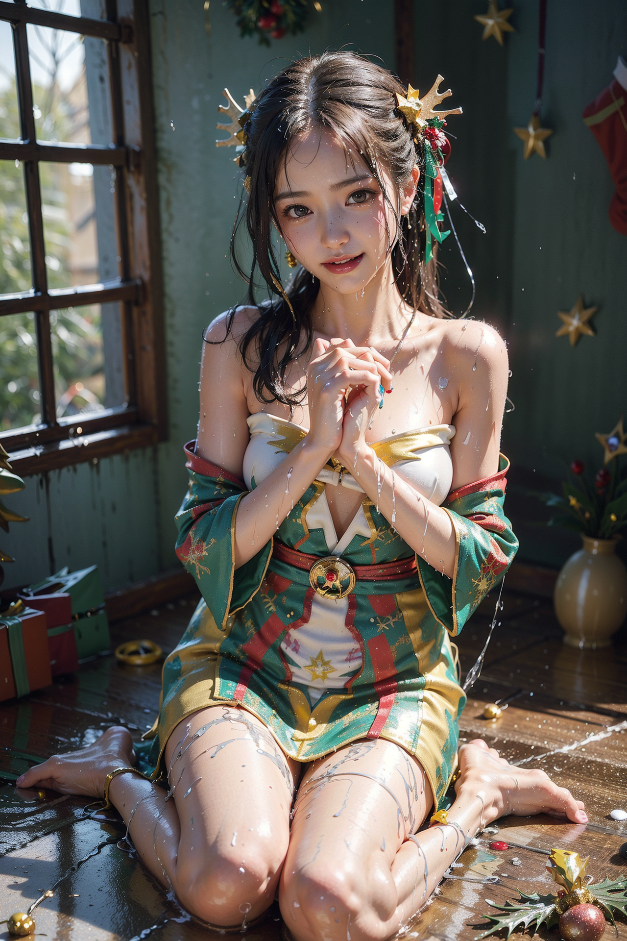 クリスマス飾りに囲まれた華やかな衣装ポートレート #美少女 #アニメ調 #笑顔