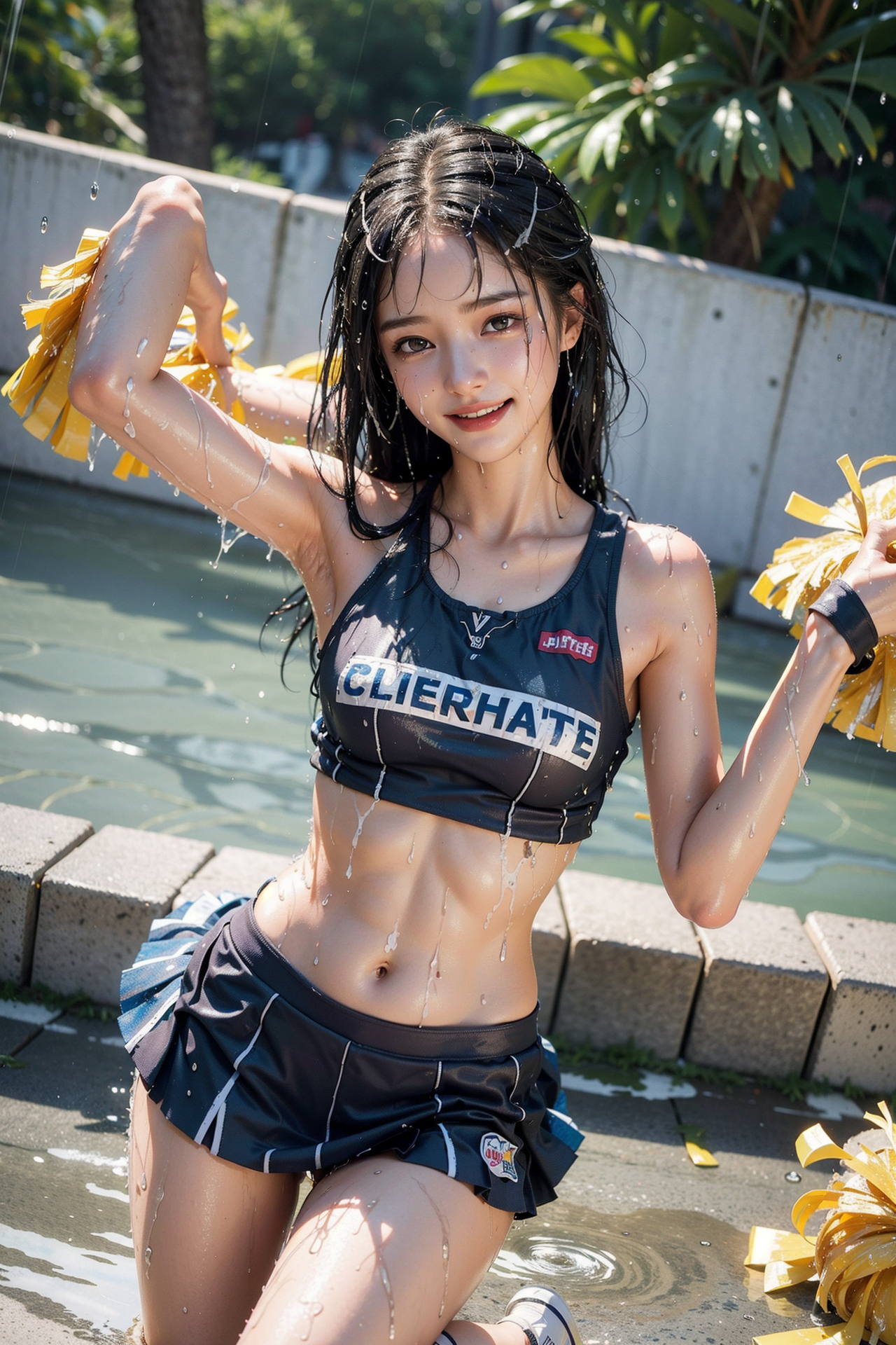 プール脇で水遊びする黒髪美少女の笑顔 #美少女 #笑顔 #屋外