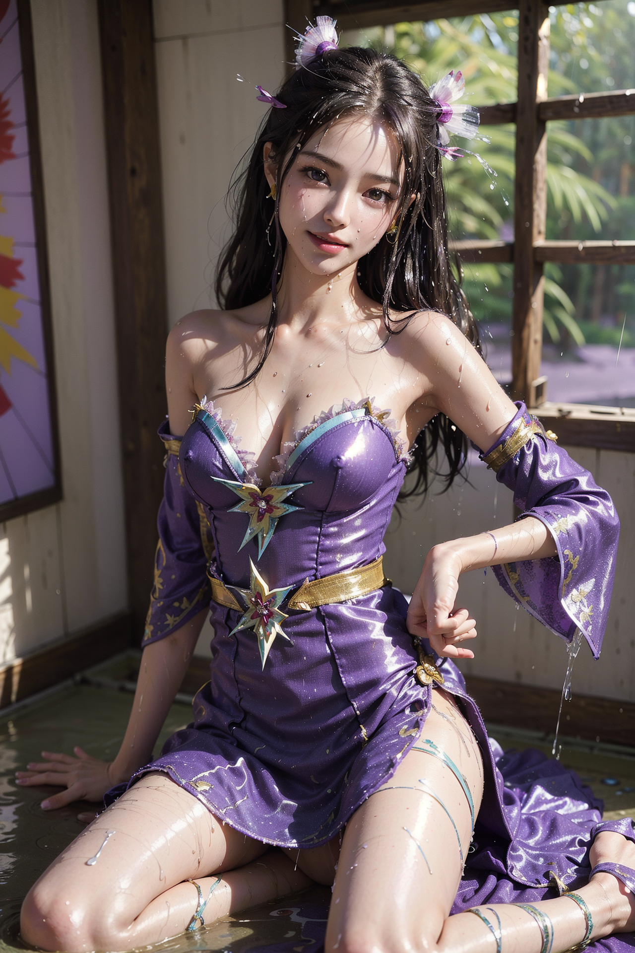 紫の華やかなドレスで魅せる笑顔のアニメ調ポートレート #美少女 #清楚 #ファッション