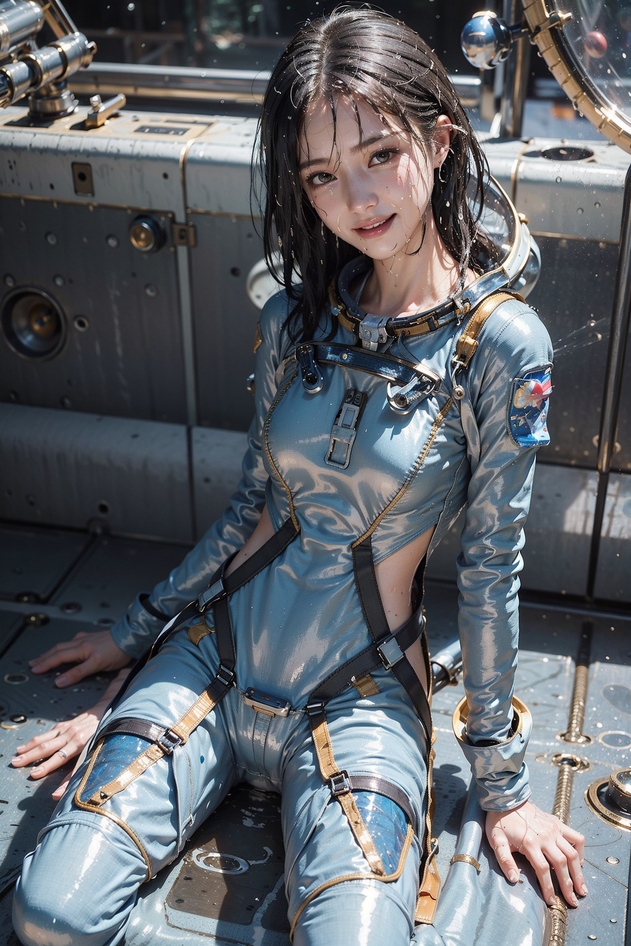 宇宙船内のポートレート、青いスーツ姿の笑顔 #美少女 #アニメ調 #笑顔