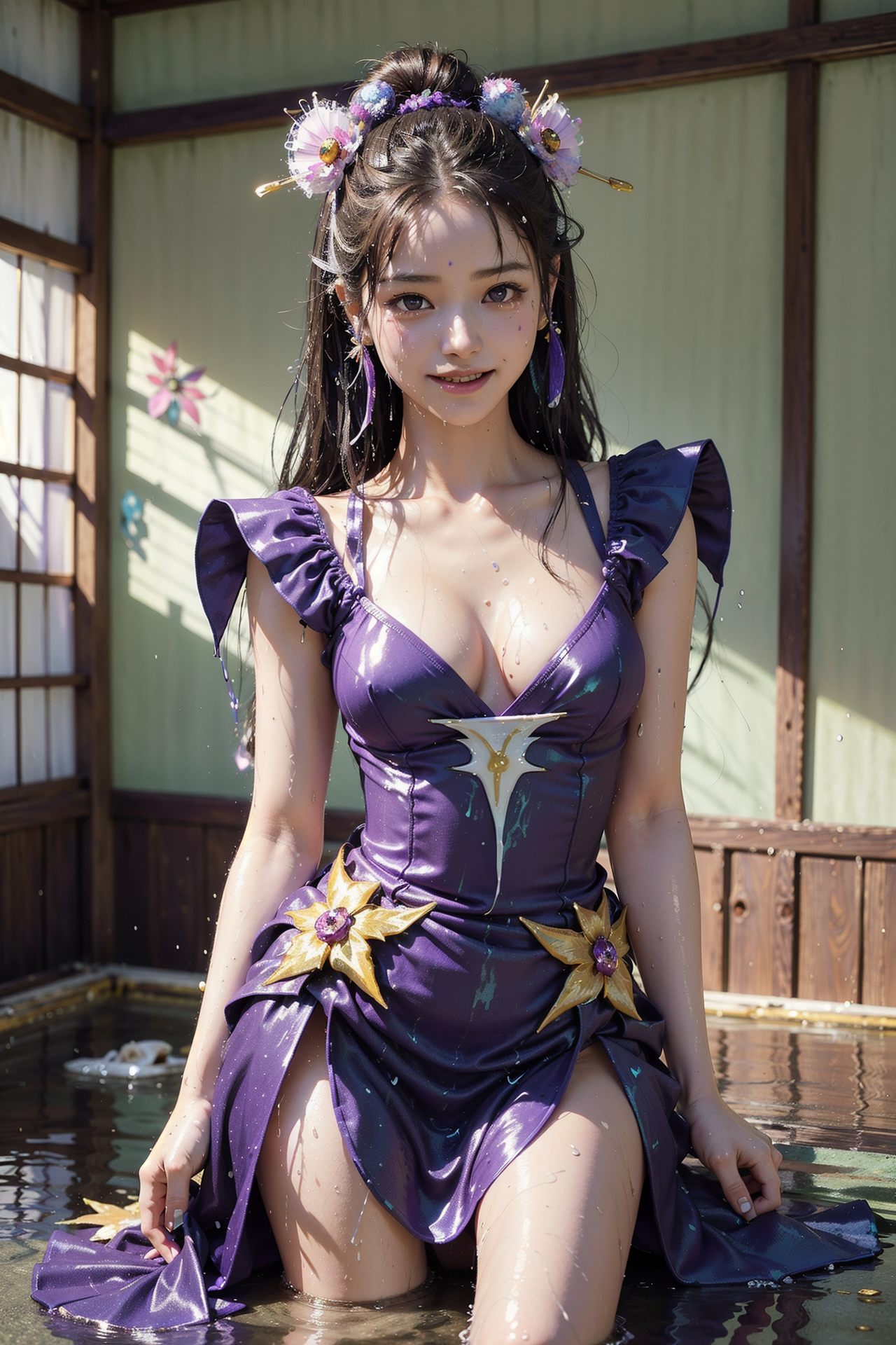 紫の花飾りと和風装いの優雅なポートレート #美少女 #アニメ調 #笑顔