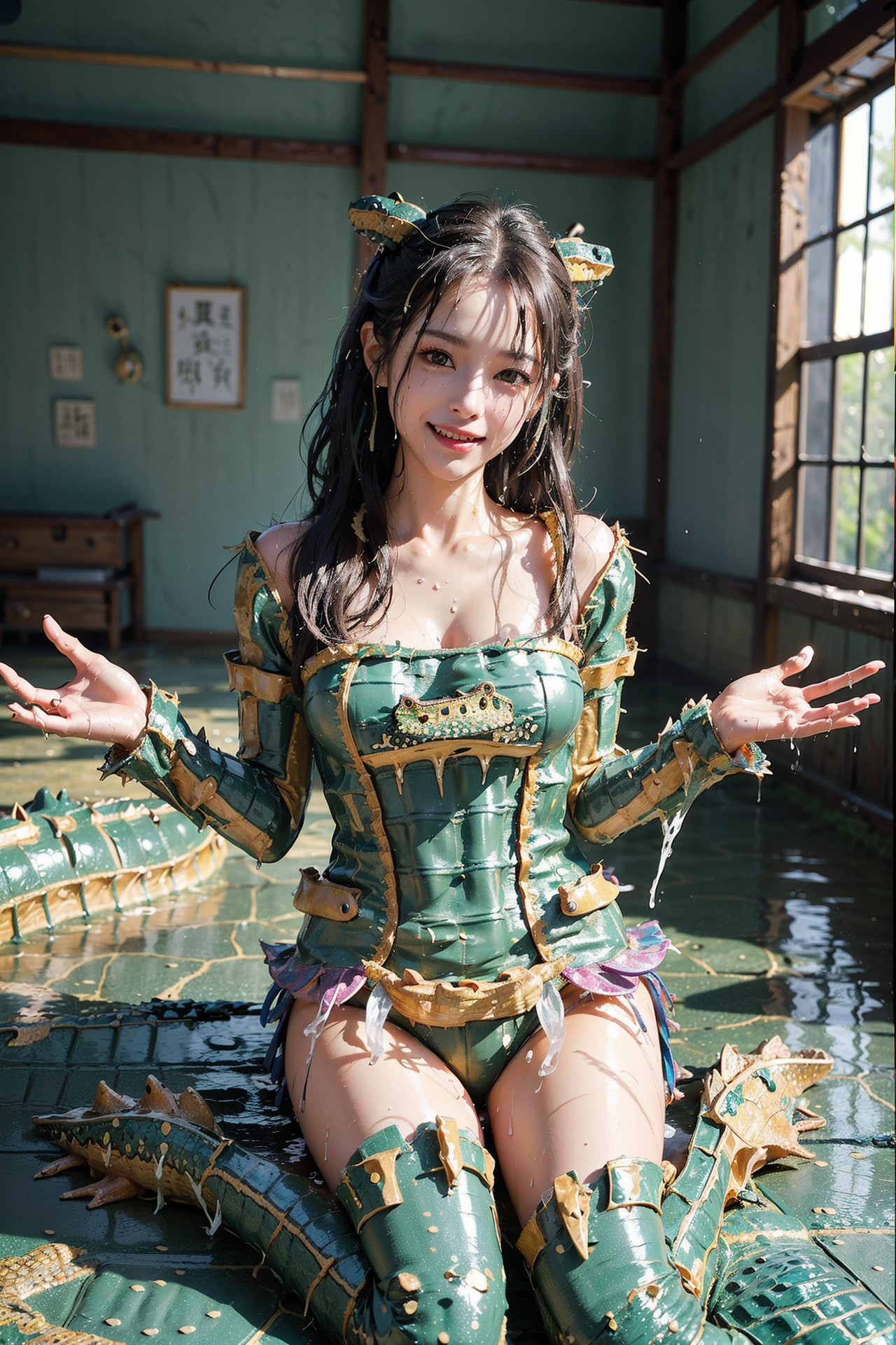 緑の甲冑姿、古風な館で微笑む少女 #美少女 #アニメ調 #笑顔