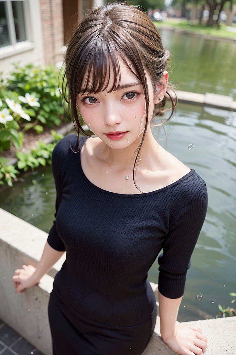 水辺の清楚なポートレート、黒い長袖で見つめる視線 #美少女 #清楚 #水辺