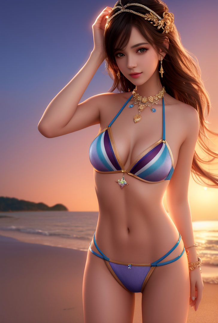 黄金の夕焼けビーチ、優雅なティアラを身につけた美少女 #美少女 #水着 #ビーチ
