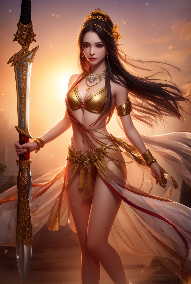 黄金の剣を持つファンタジー戦士の夕焼けポートレート #美少女 #戦士 #ファンタジー