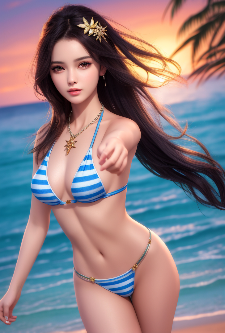 夕焼けビーチの優雅なポートレート #美少女 #水着 #ビーチ