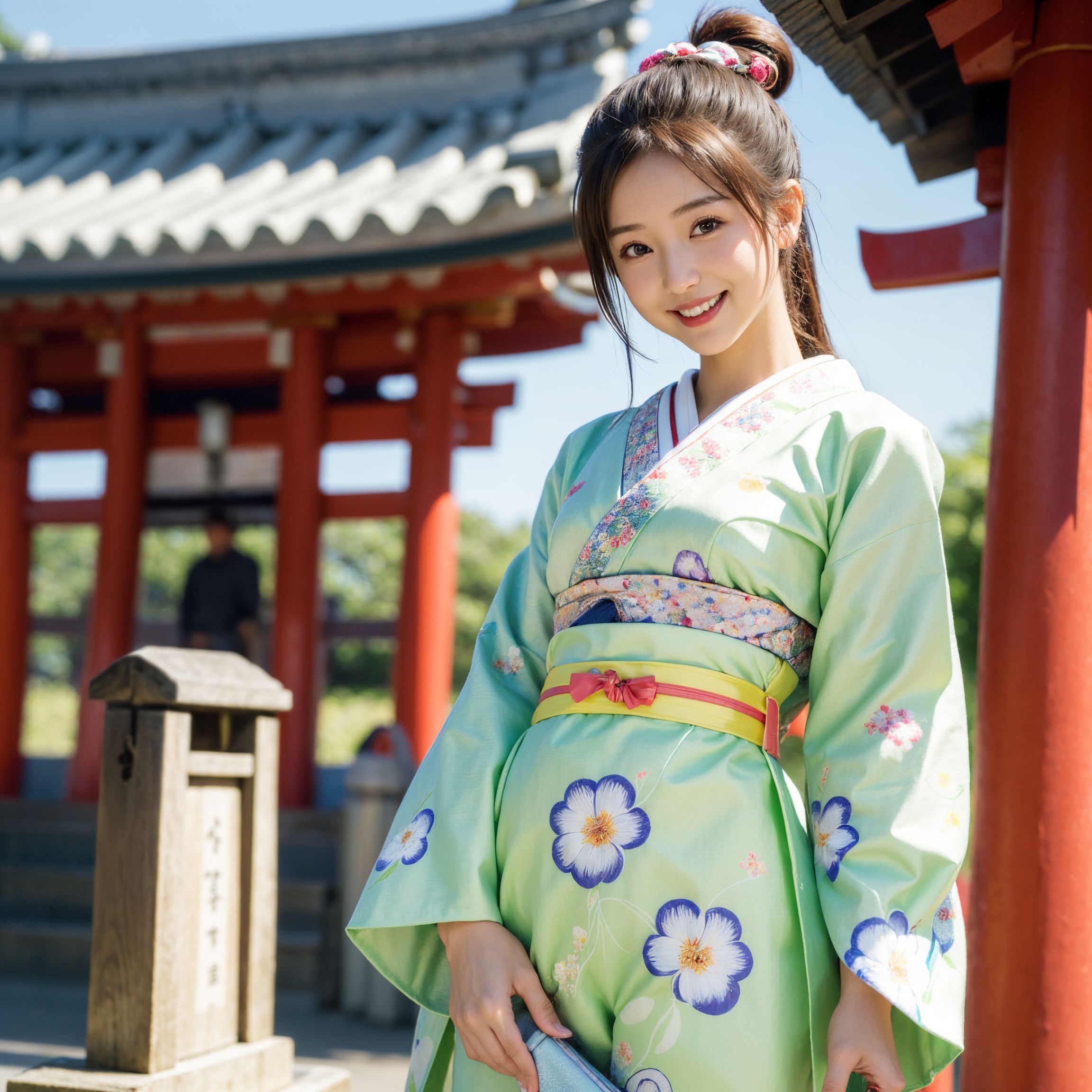 春の古刹で微笑む、花柄着物姿の美少女 #美少女 #着物 #春