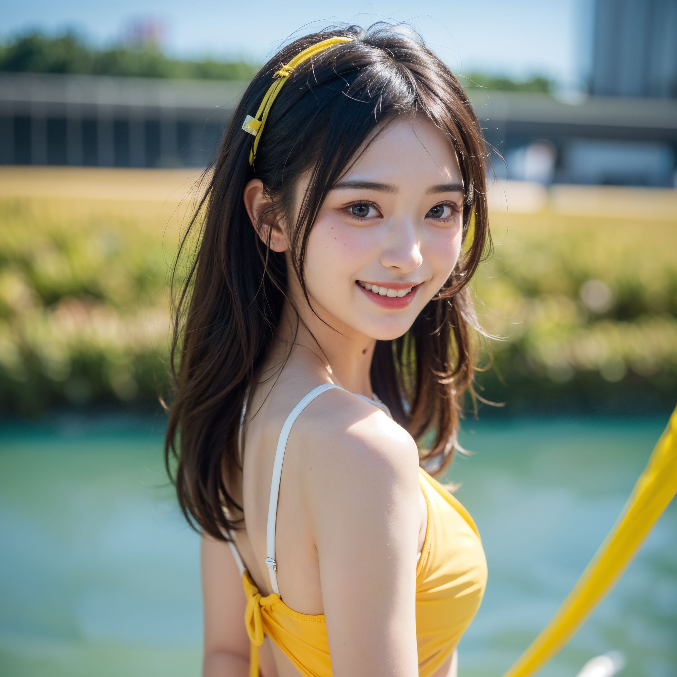 黒髪の振り返り笑顔、夏の爽やかポートレート #美少女 #清楚 #屋外