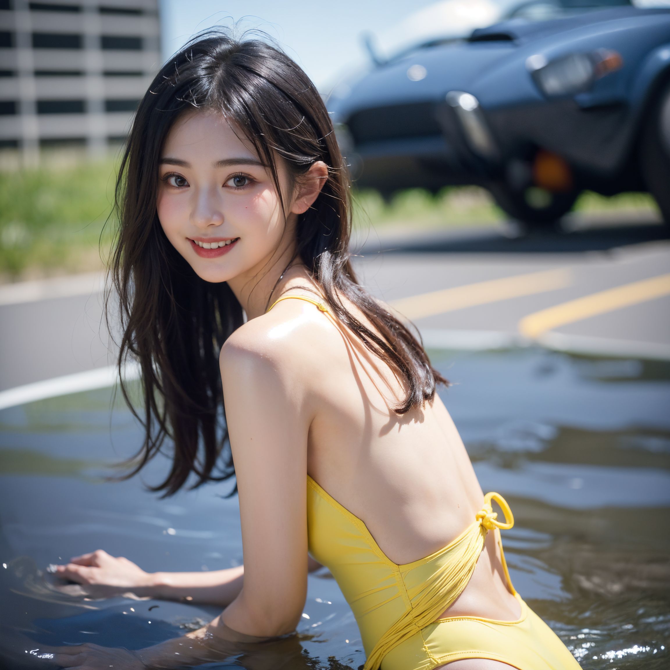 駐車場の水辺で振り返る黒髪の笑顔 #水着 #屋外 #笑顔