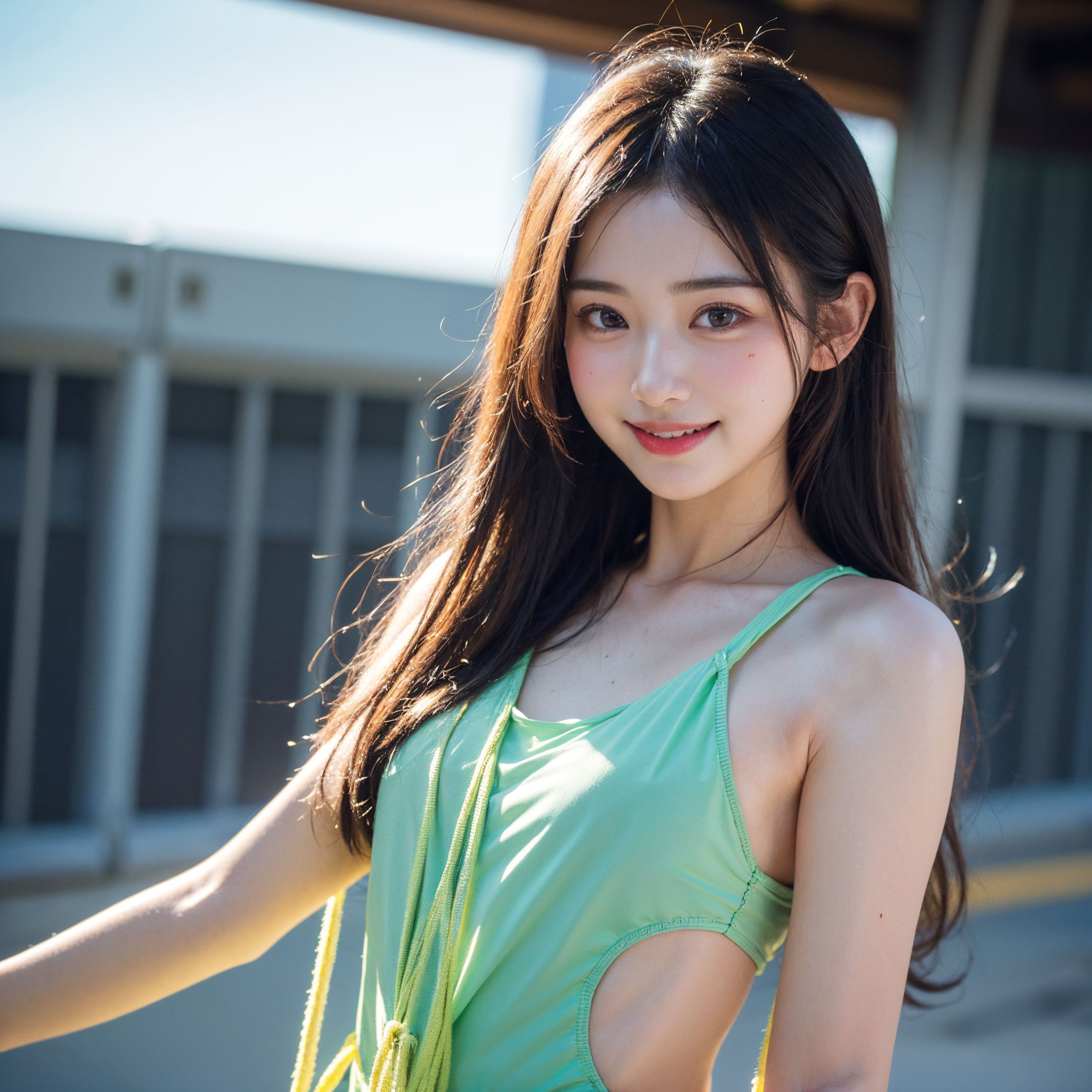 緑のトップスで爽やかに笑う黒髪ロングの美少女 #美少女 #笑顔 #長髪