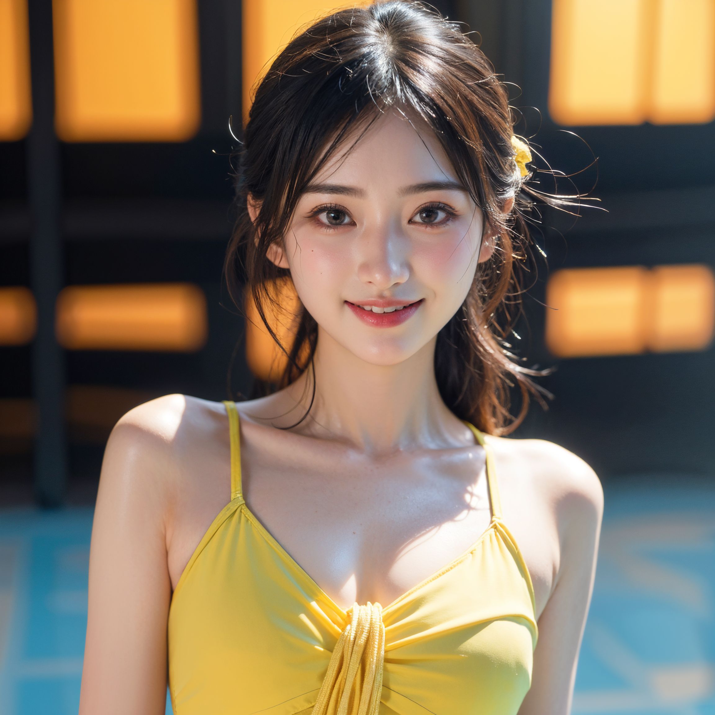 夕暮れのプールサイドで微笑む長髪の少女 #美少女 #水着 #笑顔