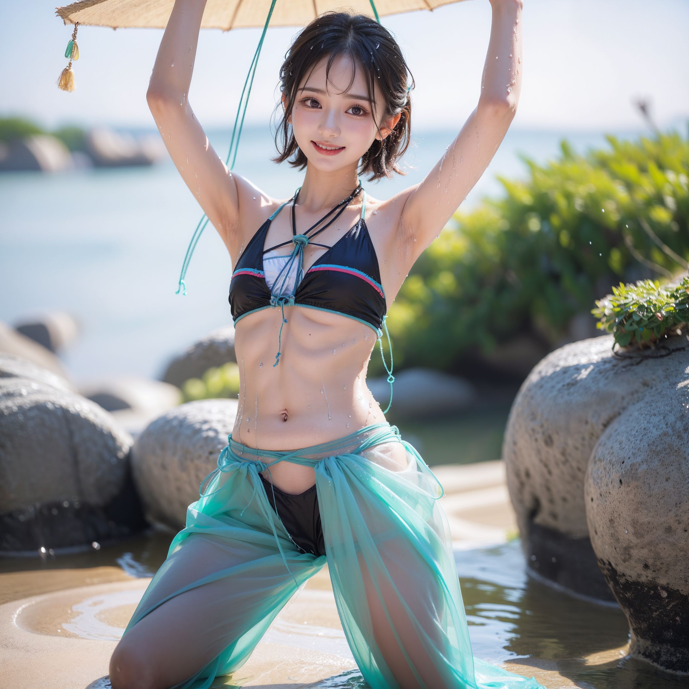 ビーチパラソルの下、爽やかな笑顔の少女 #美少女 #水着 #ビーチ