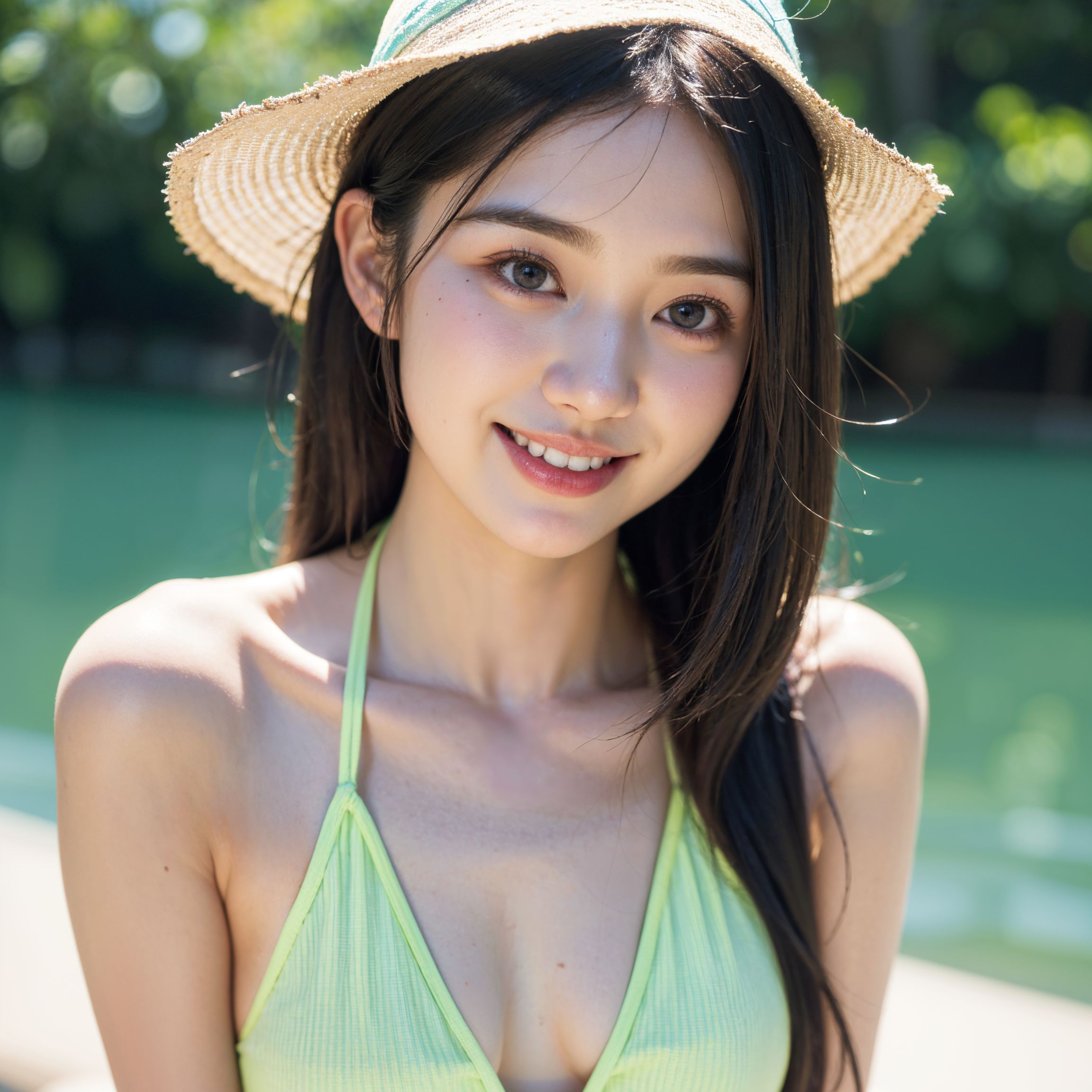 夏の水辺で麦わら帽子の笑顔ポートレート #美少女 #水着 #笑顔