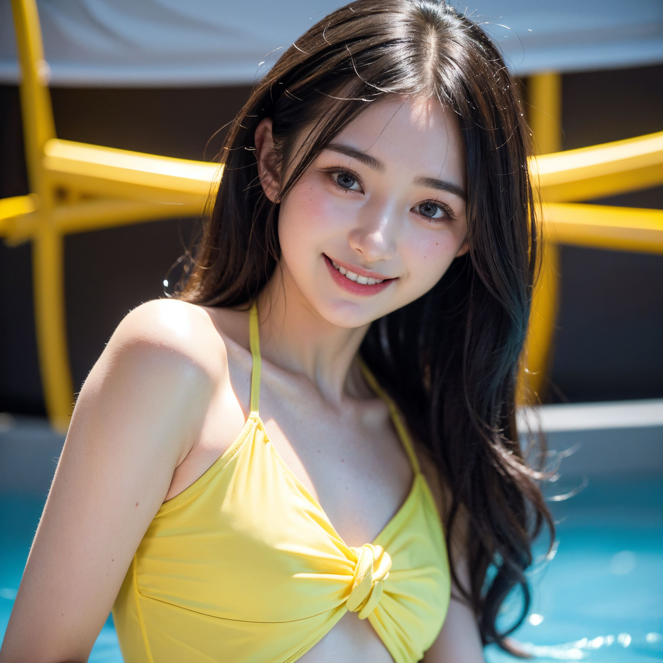 黒髪美少女の優雅なプールサイドポートレート #美少女 #水着 #笑顔
