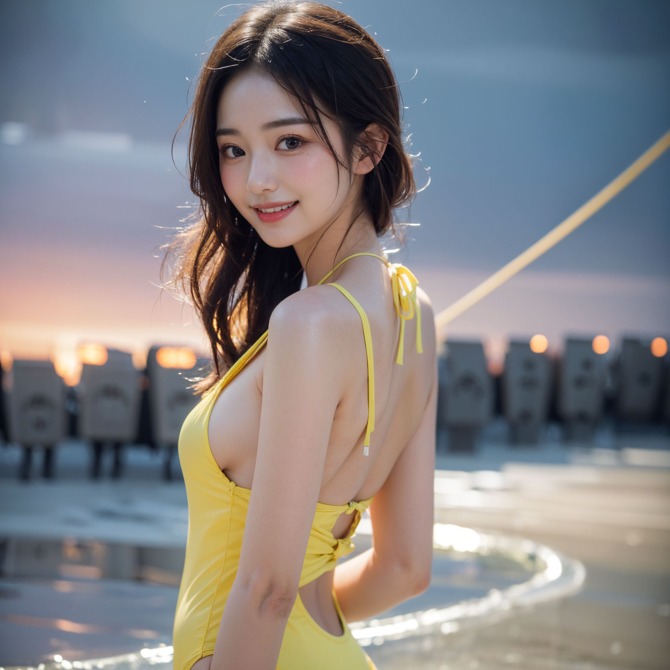 夕焼け海辺のイエロードレス #美少女 #夕焼け #ワンピース