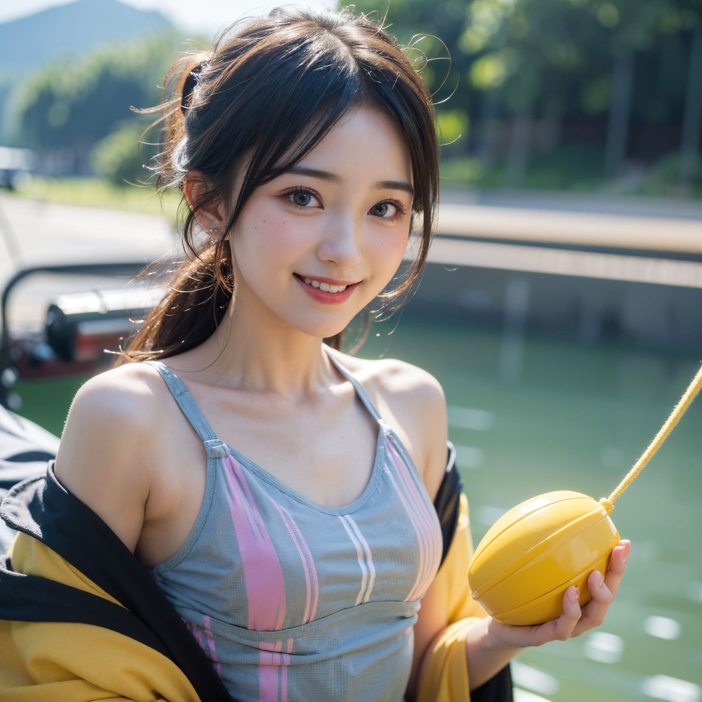 湖畔の爽やかポートレート、ストライプトップの笑顔 #美少女 #笑顔 #屋外