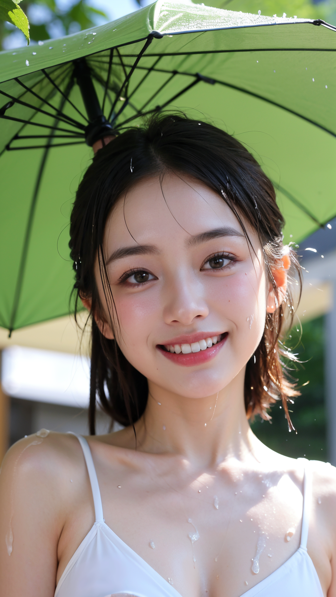 緑の傘と爽やかな笑顔のポートレート #美少女 #笑顔 #屋外