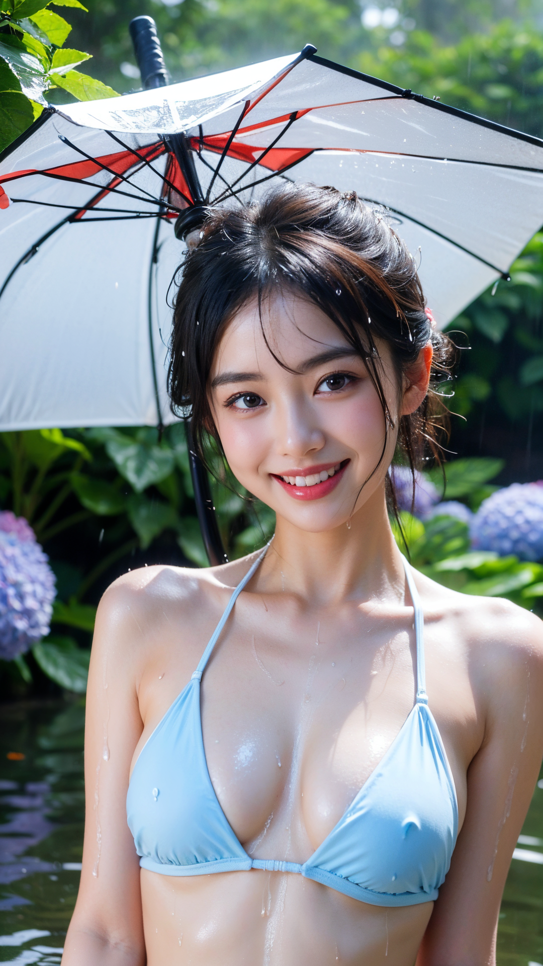 緑あふれる庭園で傘をさす笑顔の少女 #美少女 #水着 #屋外