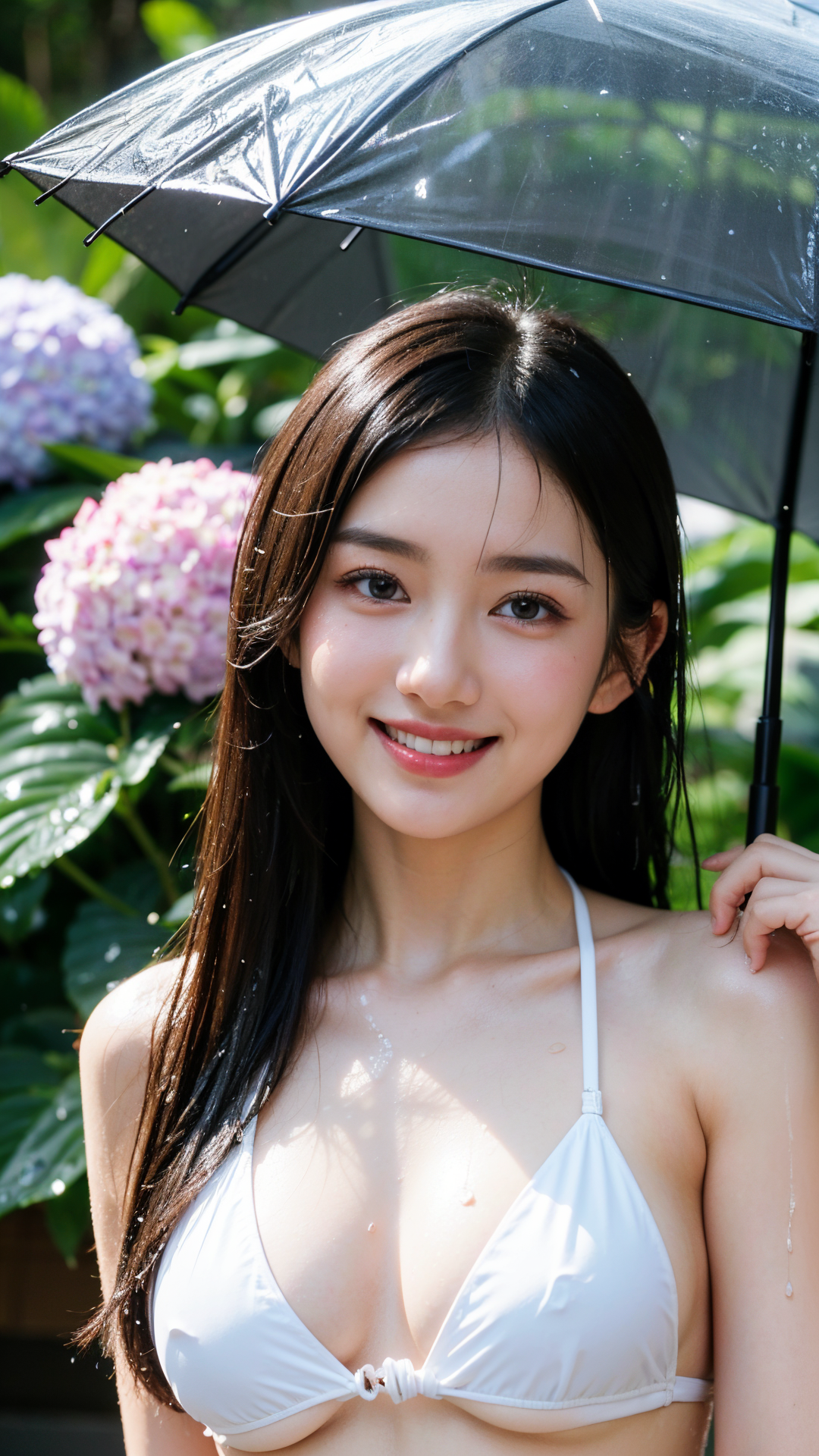 雨の日の庭園ポートレート、透明傘と笑顔 #美少女 #笑顔 #屋外