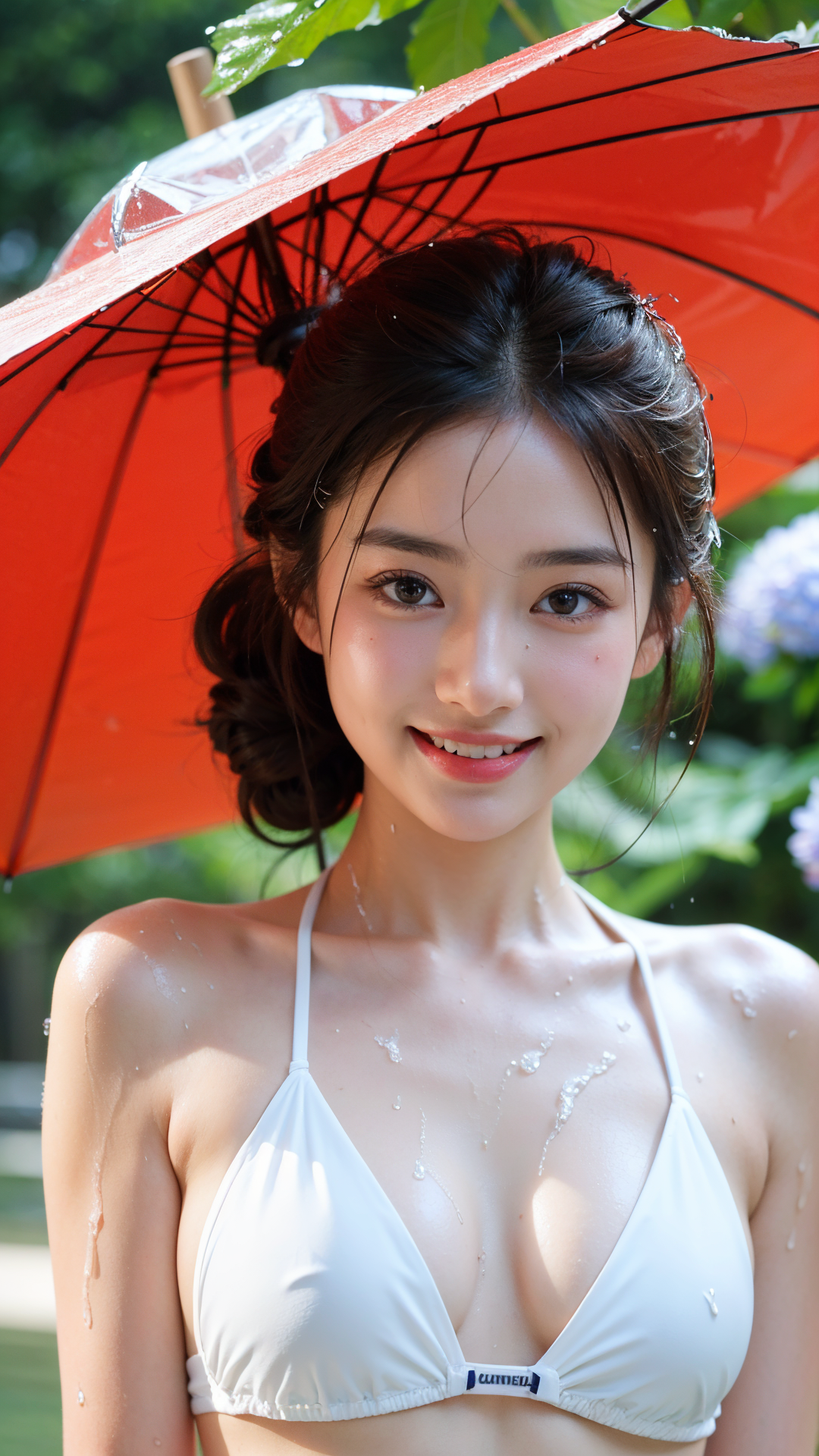 赤い傘と白い水着、雨の庭園ポートレート #美少女 #屋外 #笑顔