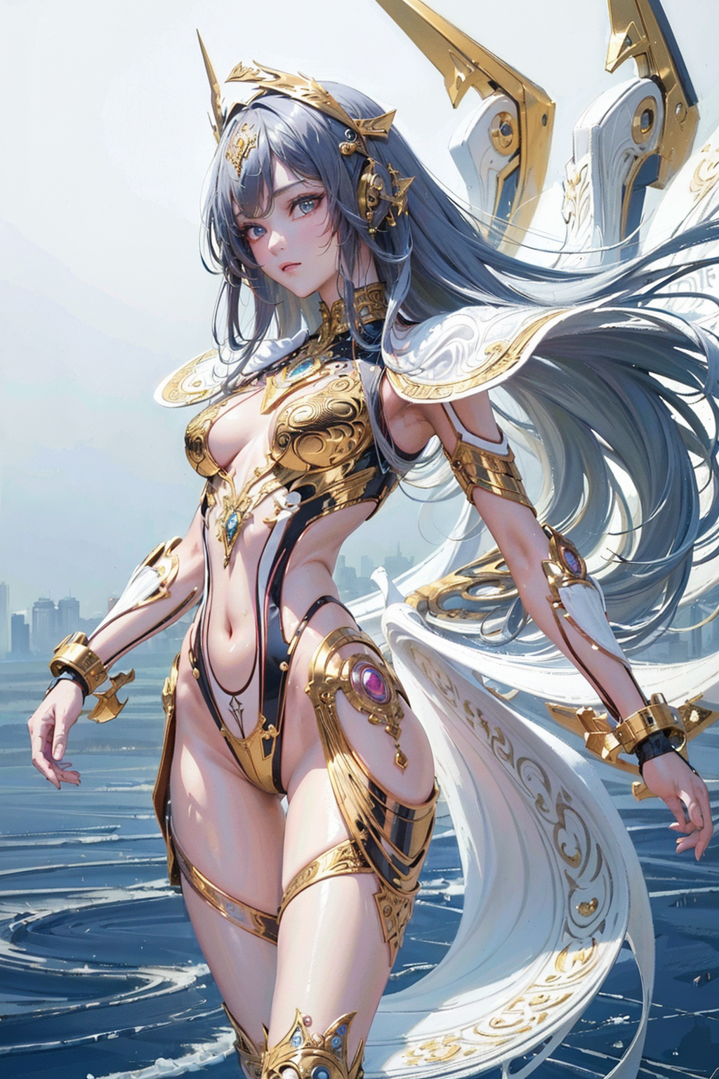 蒼髪の戦姫、黄金装甲の海上ポートレート #美少女 #戦姫 #蒼髪