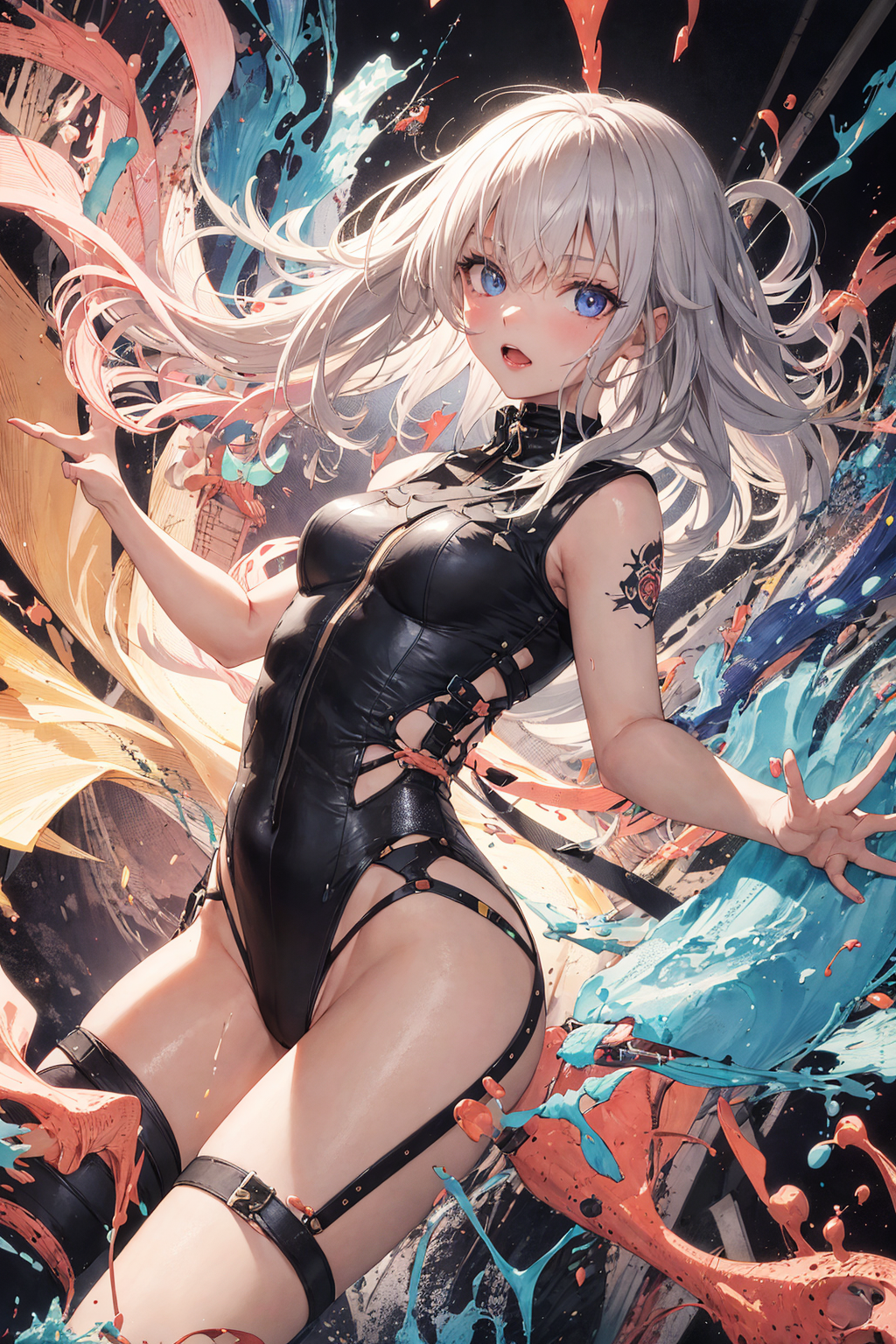 銀髪の少女、炎と水のダイナミック背景 #美少女 #銀髪 #アニメ調