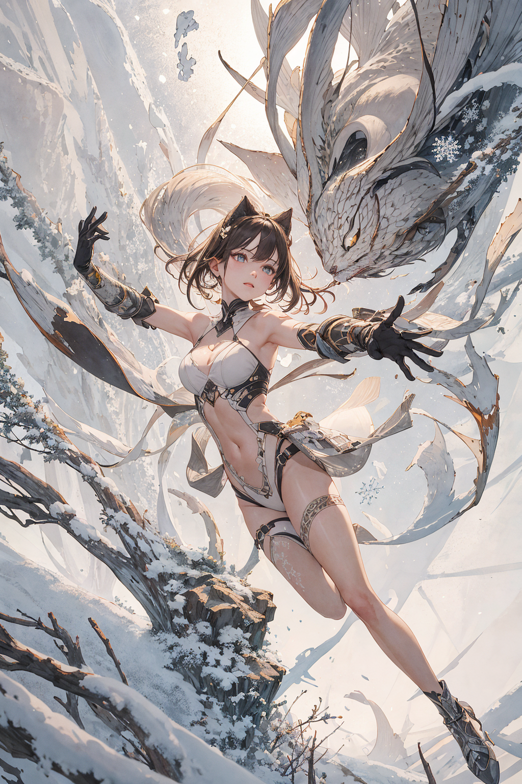 冬の渓谷を舞う黒髪の少女 #美少女 #冬景色 #幻想的