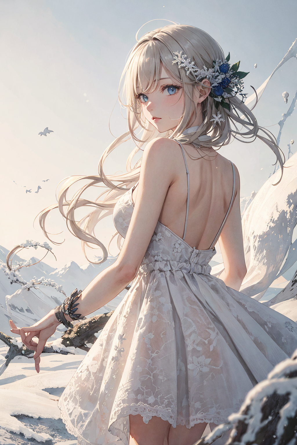 雪景色を振り返る花冠の少女 #美少女 #ドレス #冬景色