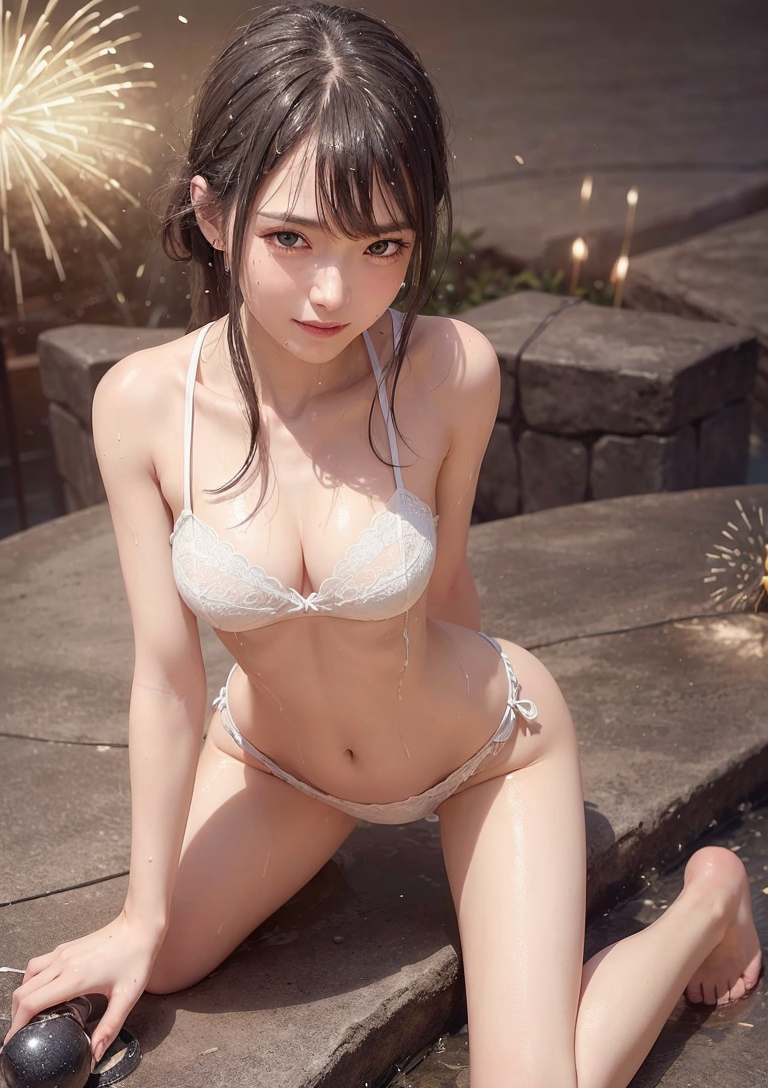 夜景と花火に映える白水着姿 #美少女 #水着 #夜景