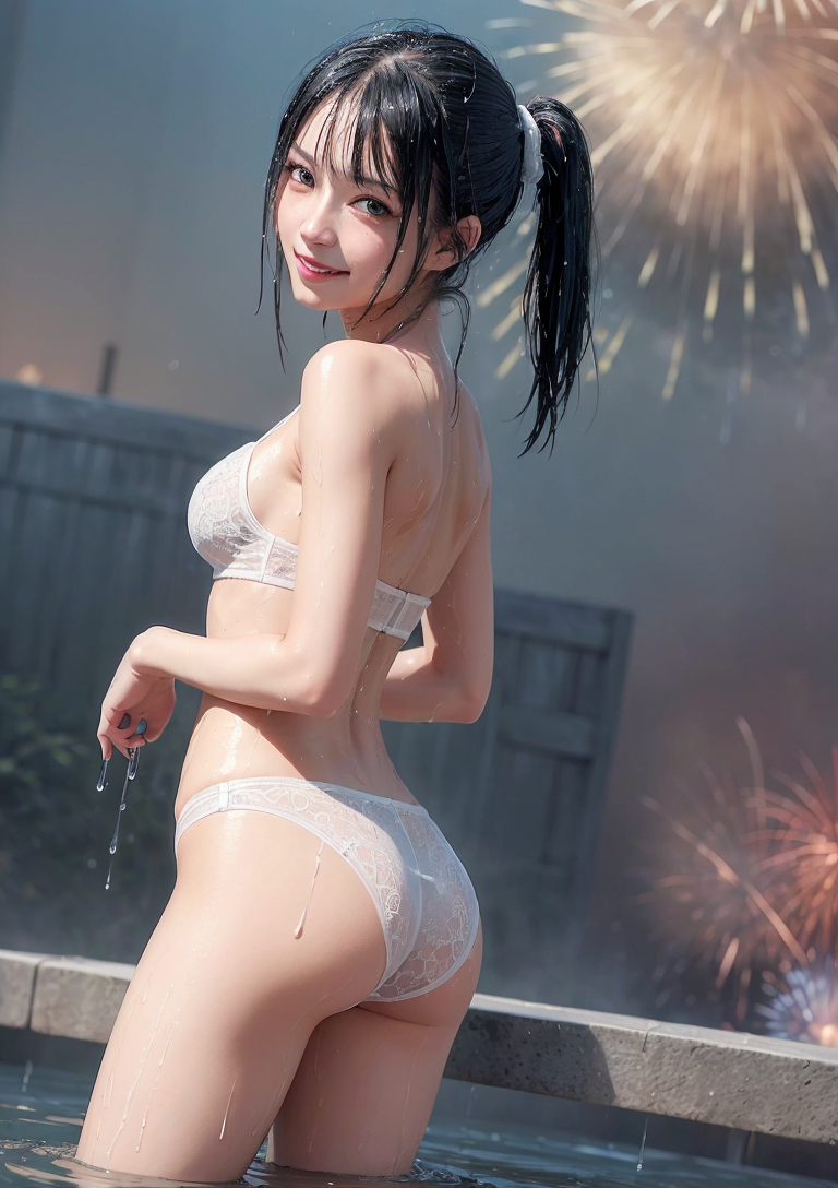 屋上の逆光ポニーテール、夏の笑顔ポートレート #美少女 #ポニーテール #水着