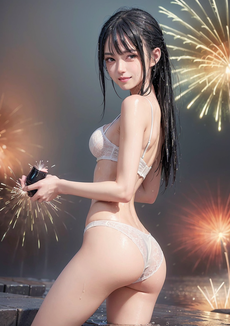 夜景と花火に彩られた黒髪ポートレート #美少女 #夜景 #幻想的