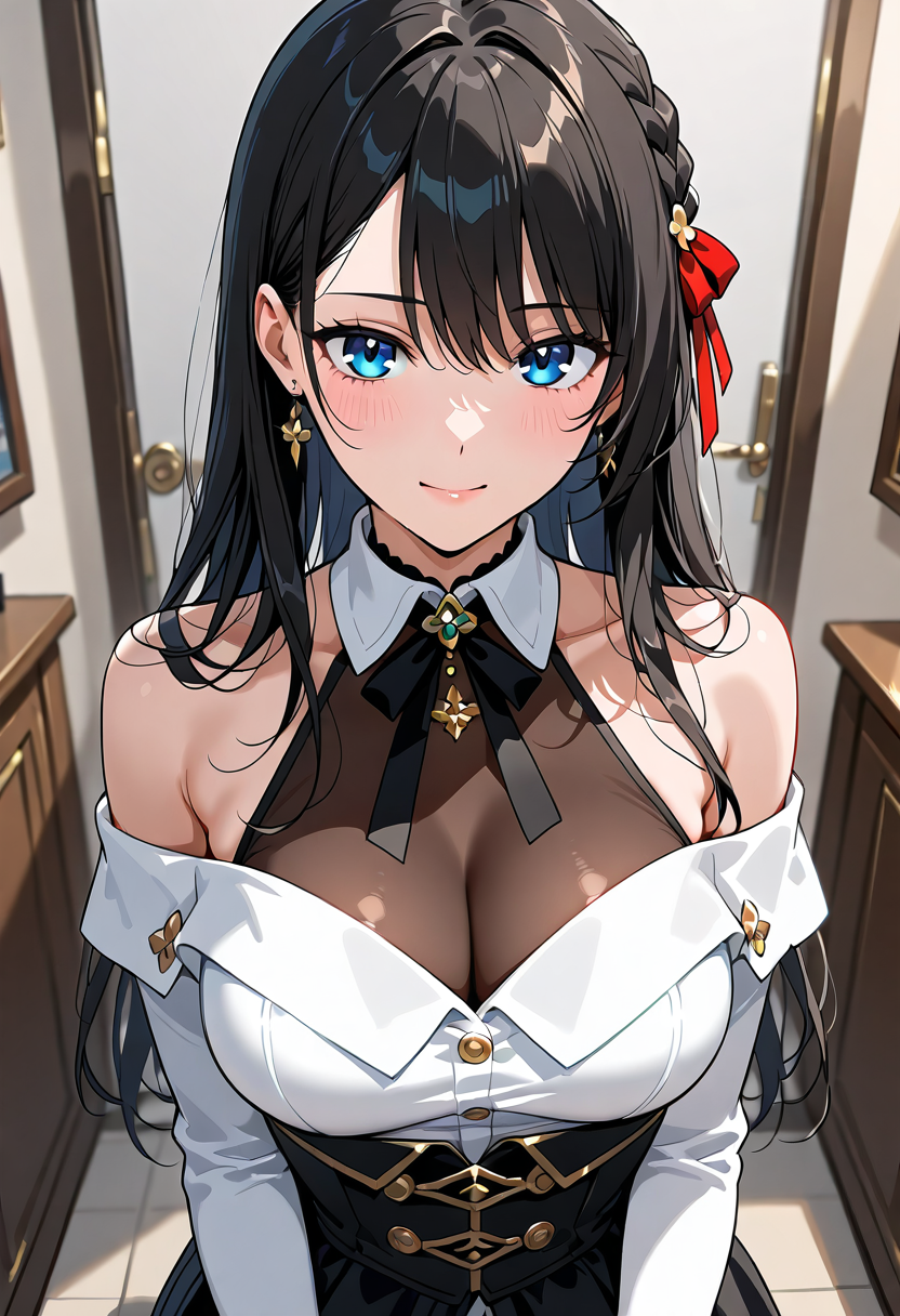 青い瞳の清楚系美少女、黒髪ロングと赤いリボン #美少女 #AI生成 #青い瞳