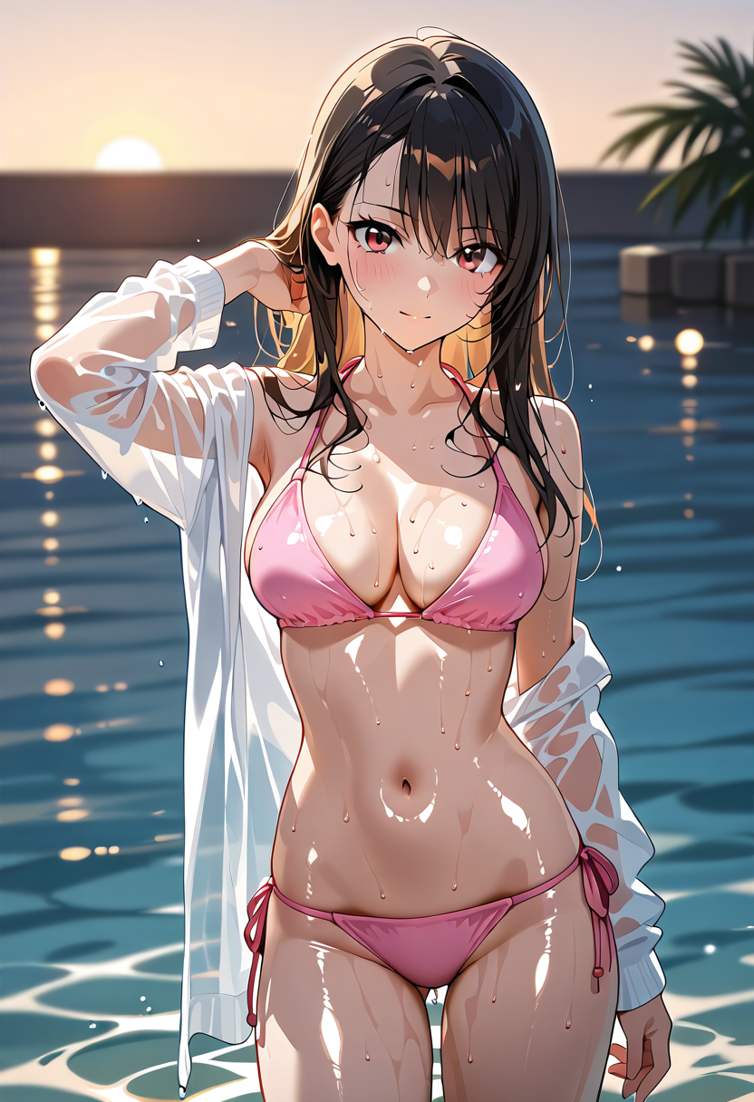 夕焼けの海で微笑むアニメ調ポートレート #美少女 #アニメ調 #水