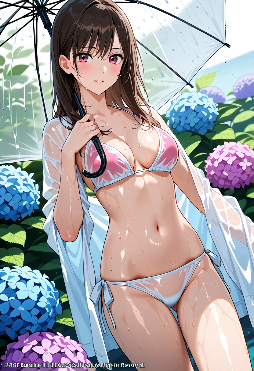 雨の日のあじさい庭園ポートレート #美少女 #アニメ調 #花
