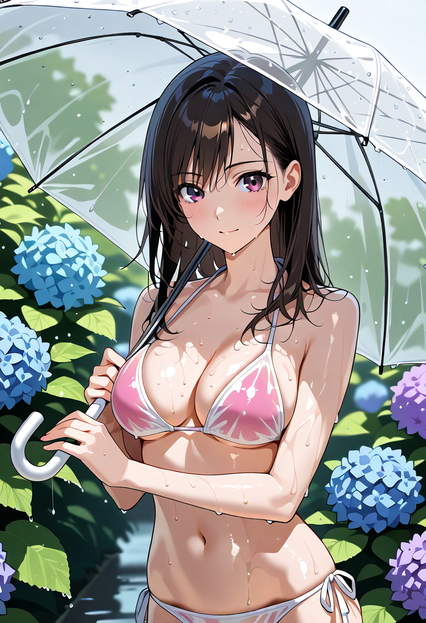紫陽花の庭で傘をさす少女 #アニメ #美少女 #花