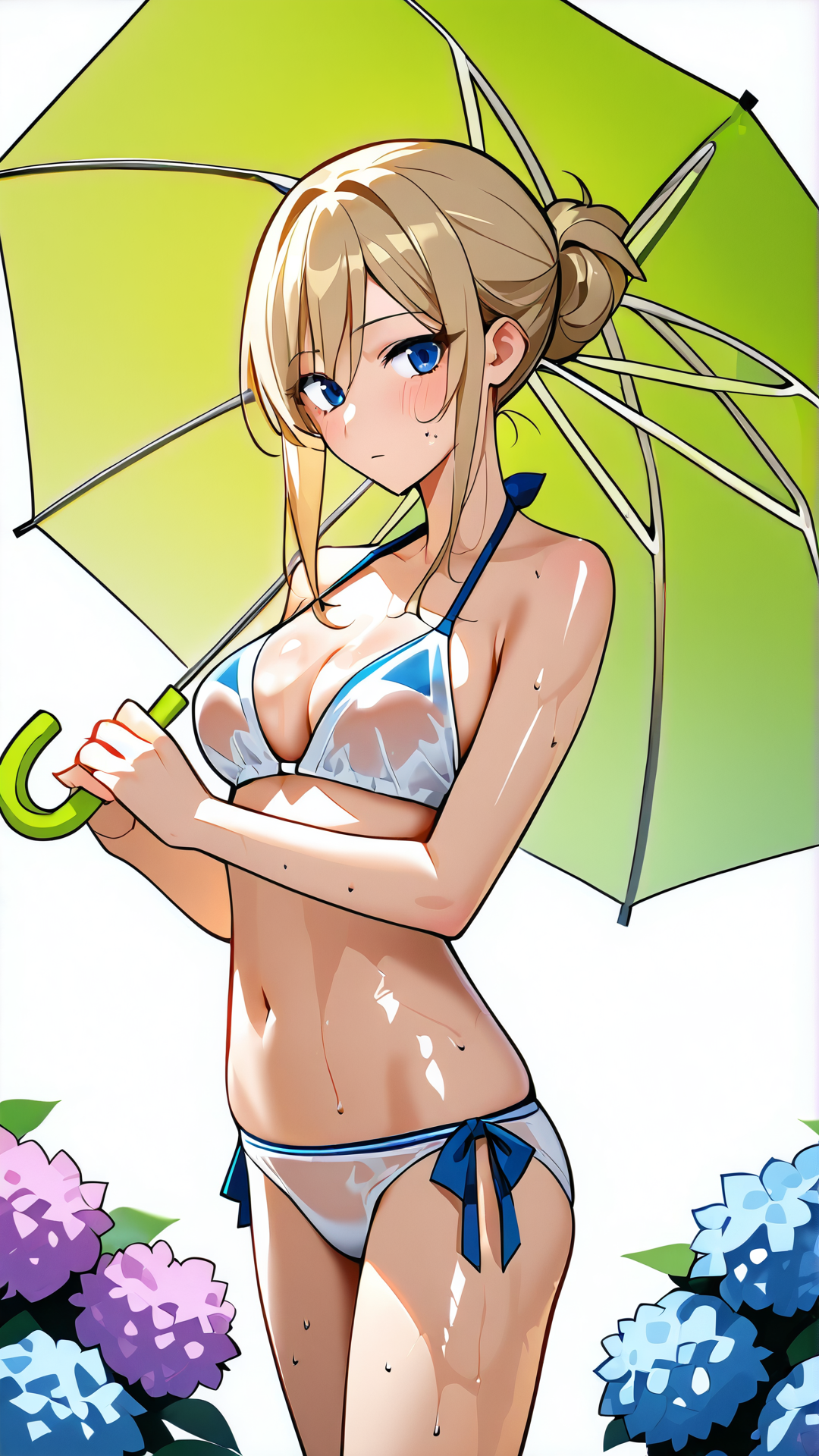 黄緑の傘と紫陽花、爽やかな笑顔のアニメ美少女 #アニメ #美少女 #かわいい