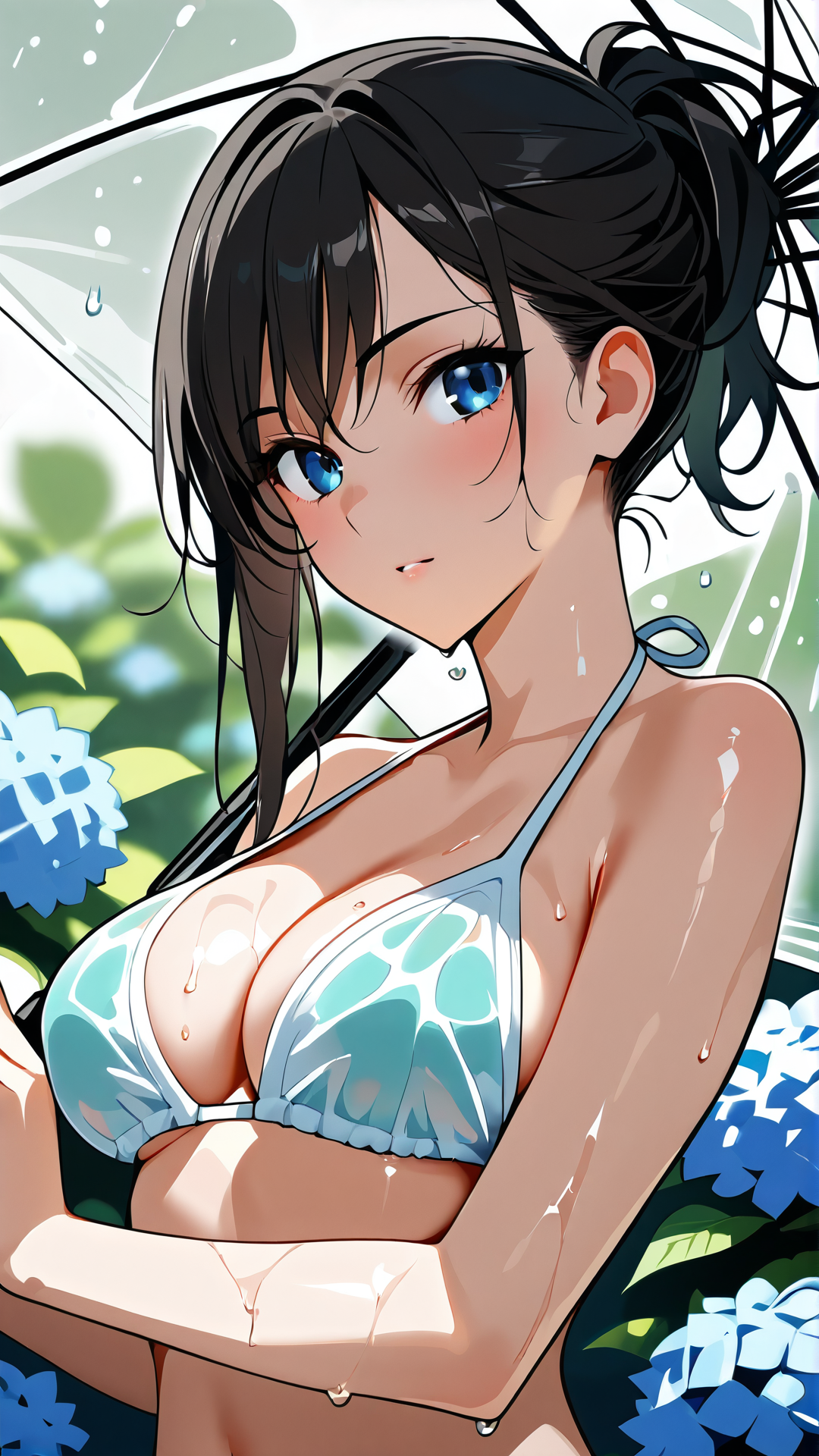 青い瞳の黒髪美少女、花に囲まれた夏のポートレート #美少女 #アニメ調 #漫画
