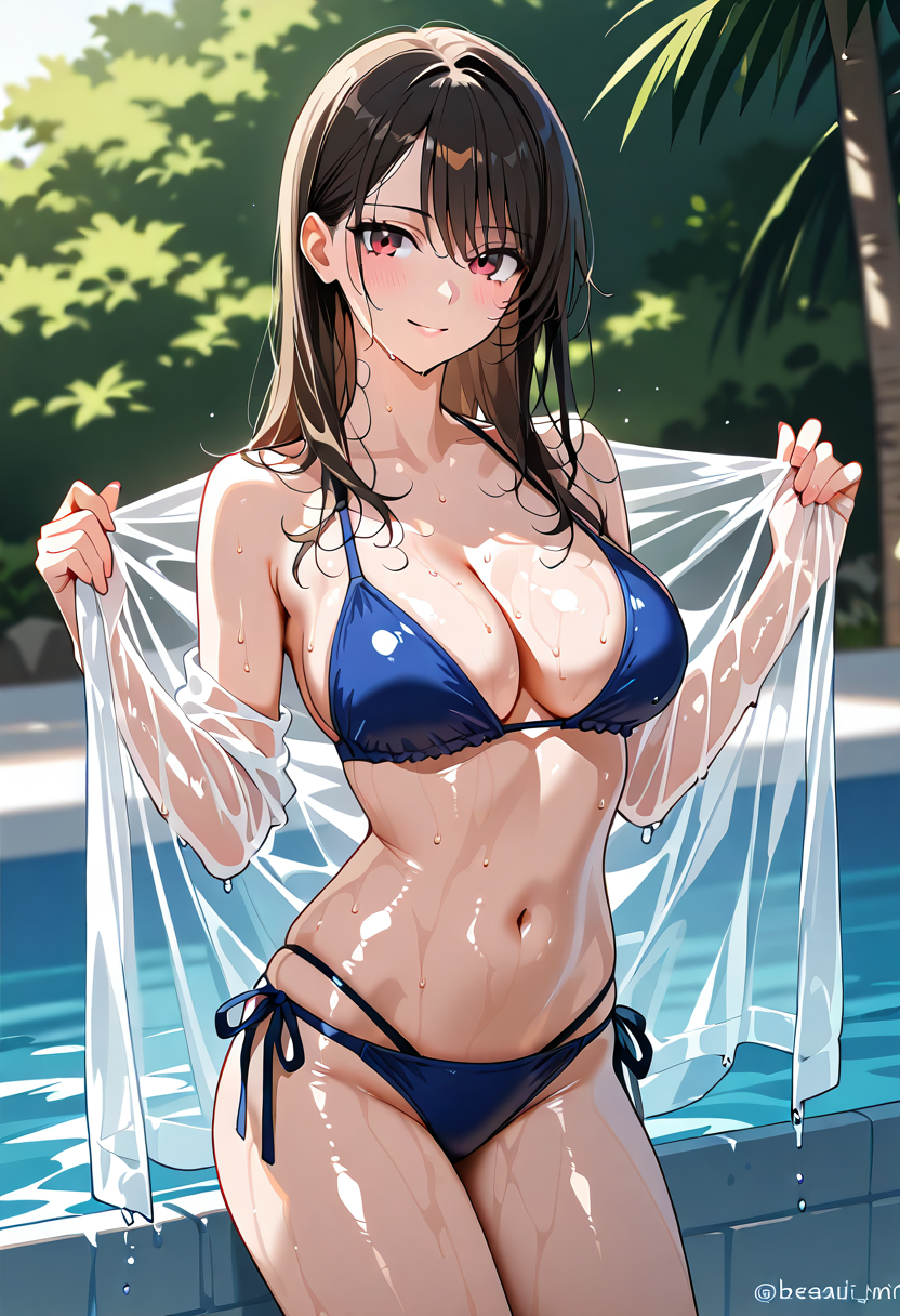 プールサイドの笑顔、透明シャツのポートレート #美少女 #アニメ調 #笑顔