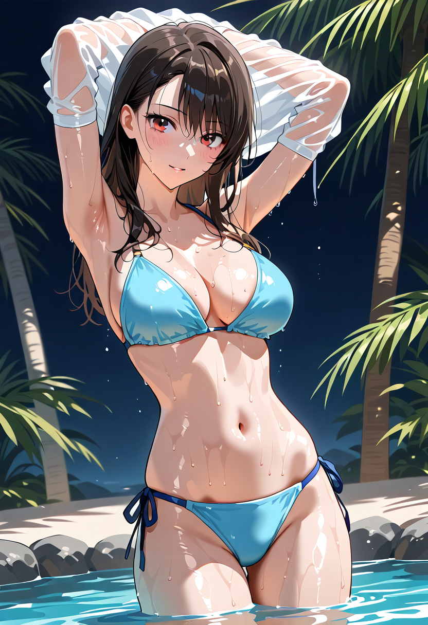 夜の南国でリラックス、水色の水着姿 #水着 #美少女 #かわいい