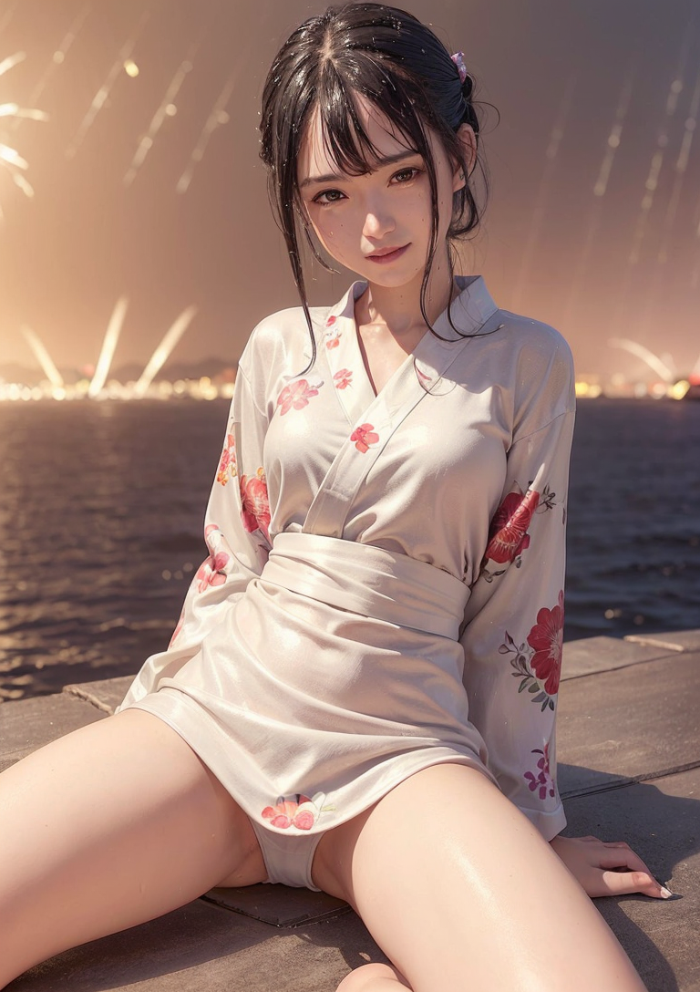 夕焼けの港で微笑む、花柄の白い着物姿 #美少女 #着物 #夕暮れ